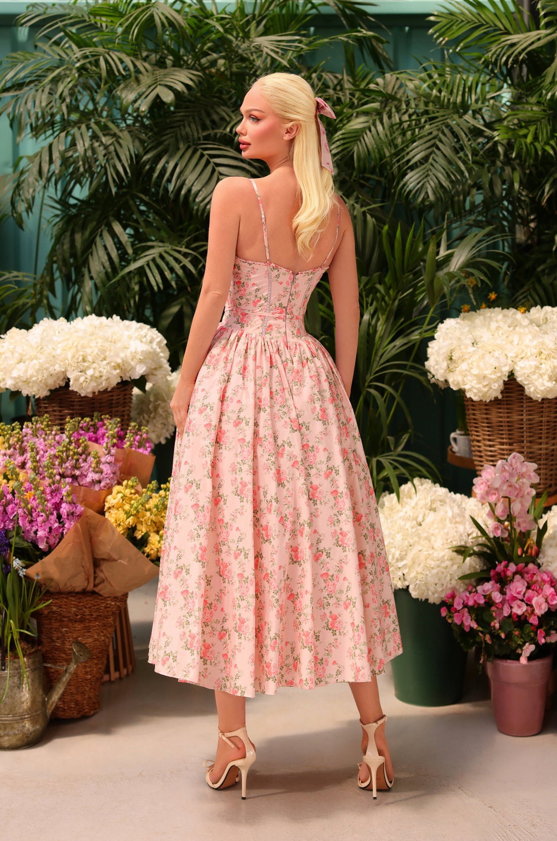 ALOURA Peach Rose Floral Print Midi Dress