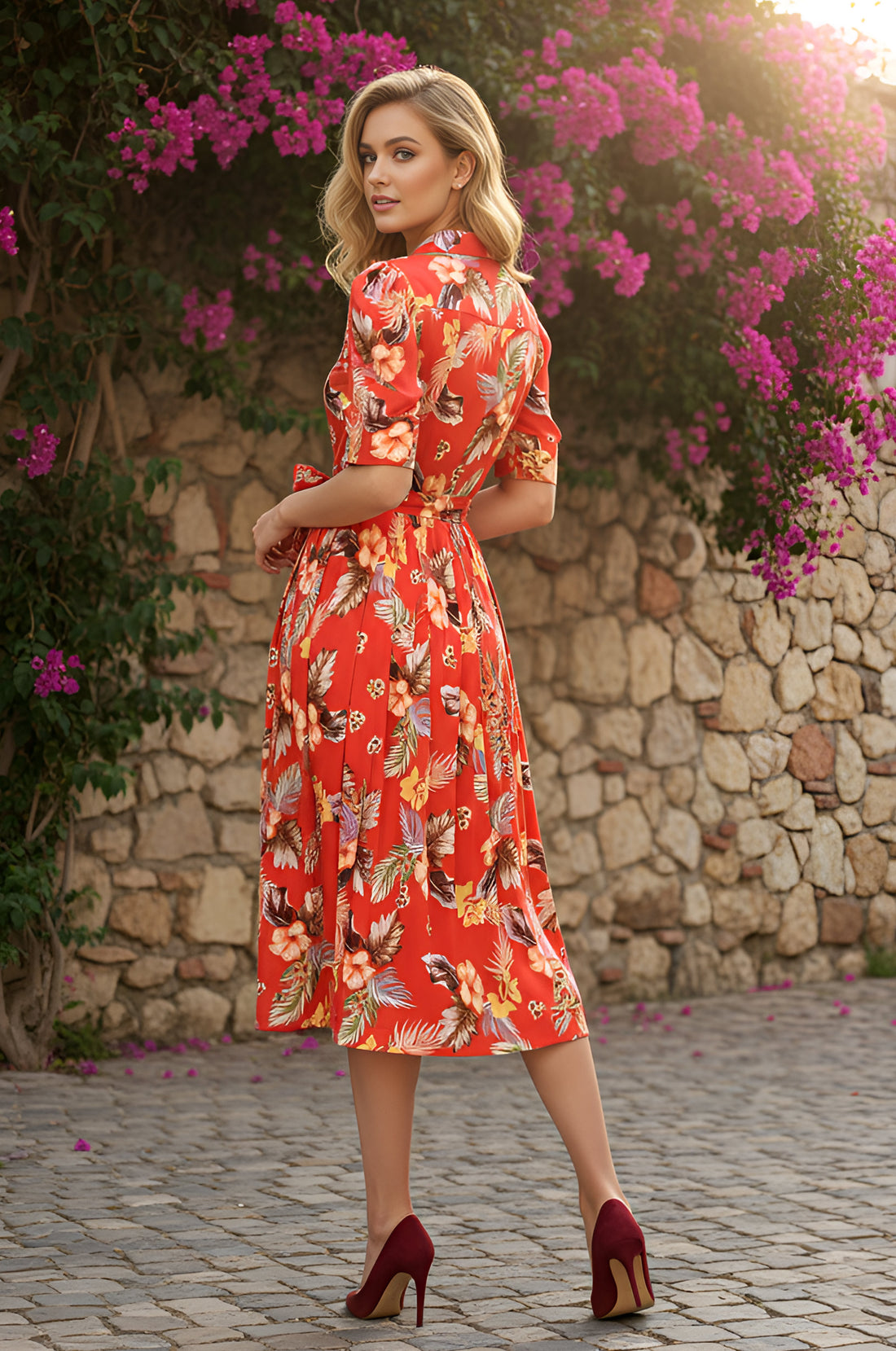 LILY Crimson Bloom Midi Dress