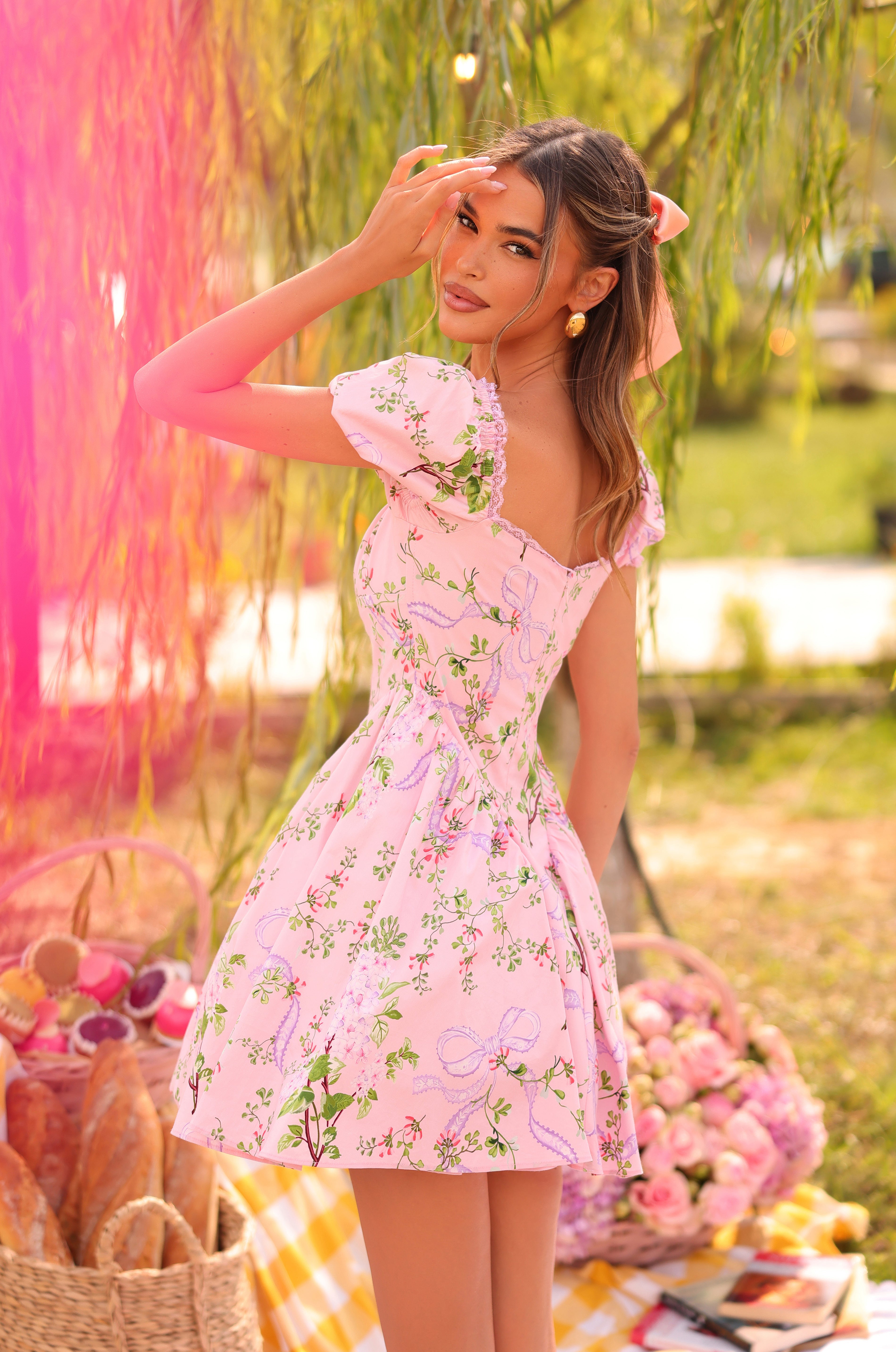 ROSABELLA Blush Bloom Floral Bow Puff Mini Dress