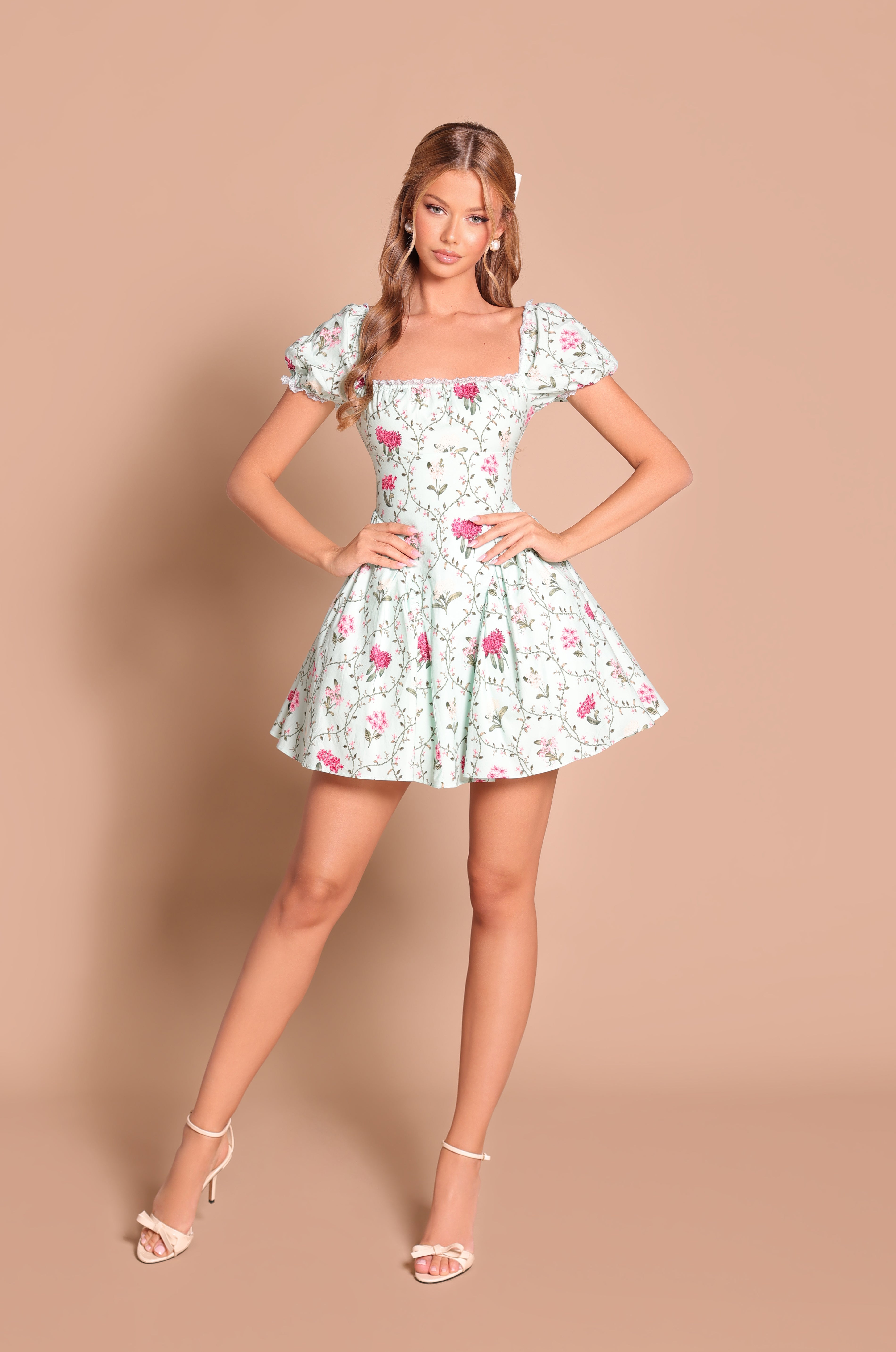 ROSABELLA Mint Green Floral Puff Mini Dress