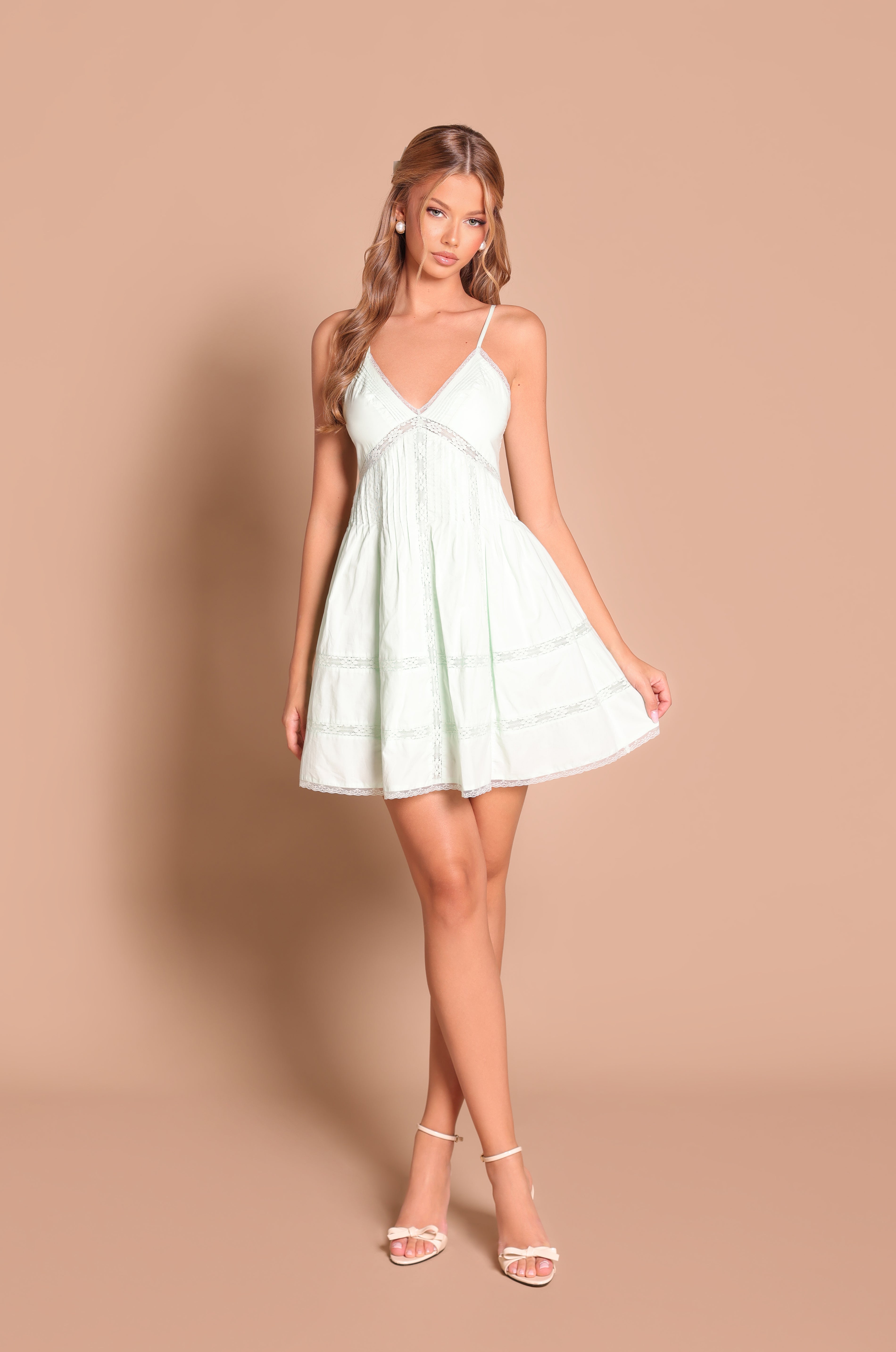 VALENIA Mint Green Lace Trim Mini Dress