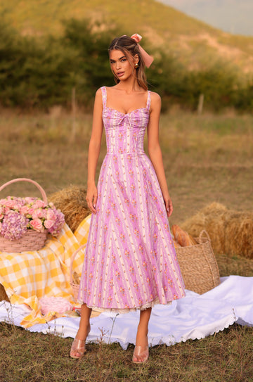 CELENIA Lilac Floral Corset Midi Dress
