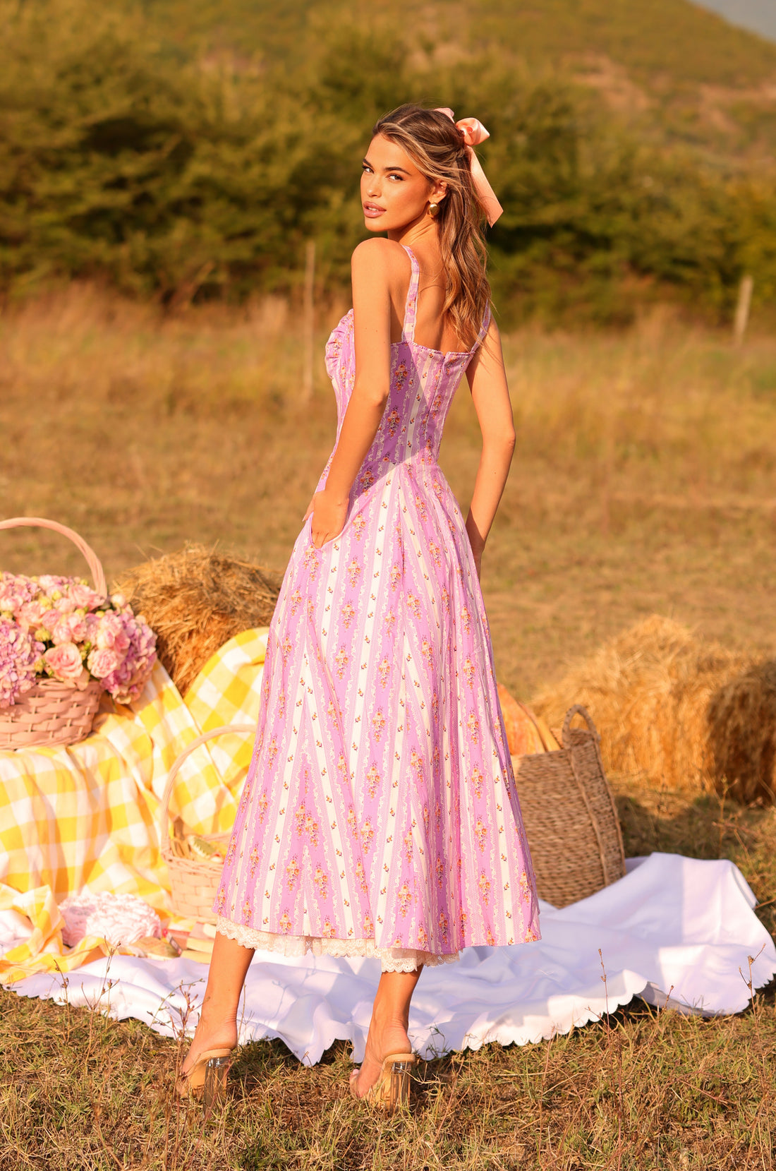 CELENIA Lilac Floral Corset Midi Dress