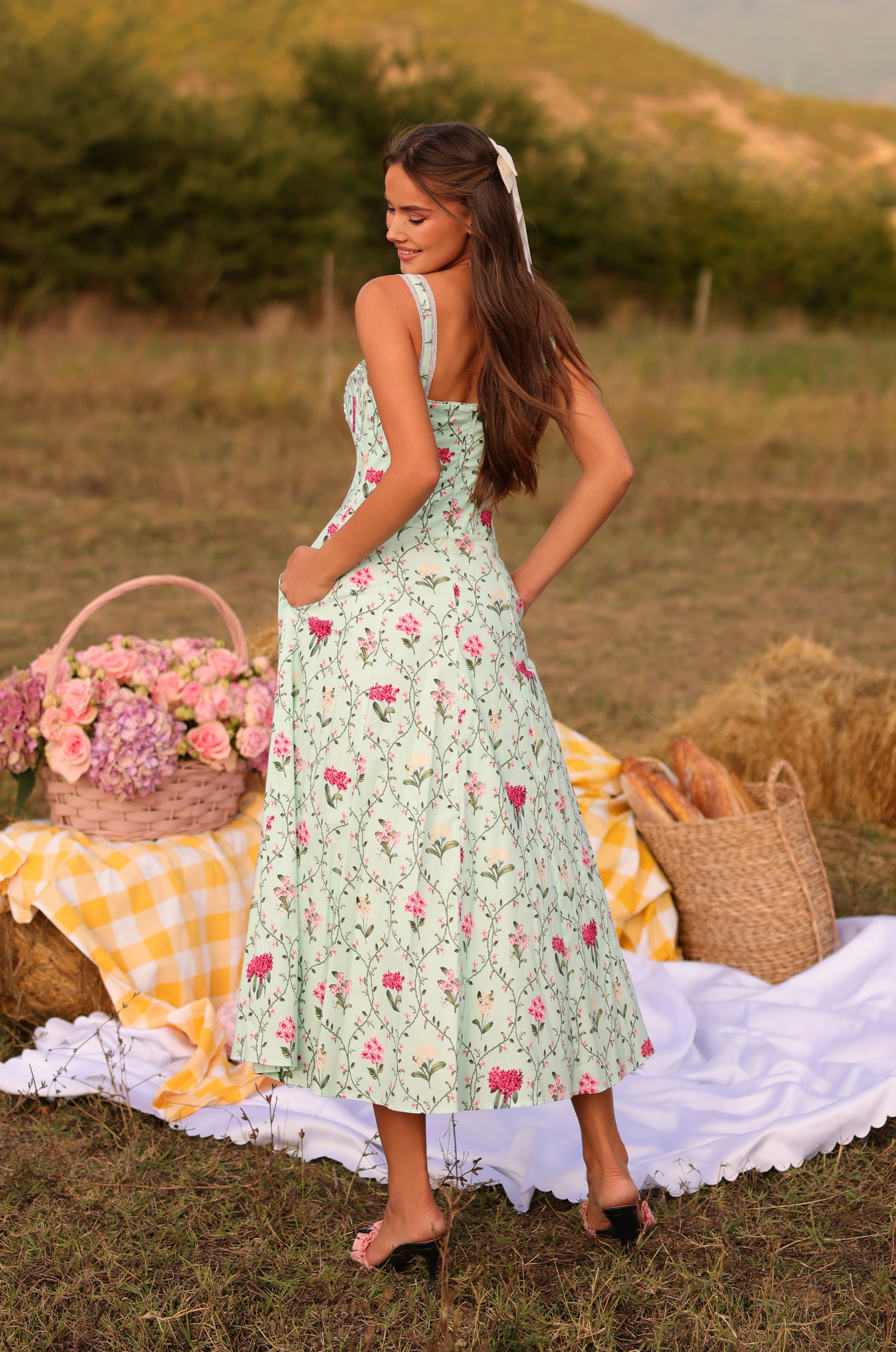 CELENIA Mint Green Floral Corset Midi Dress
