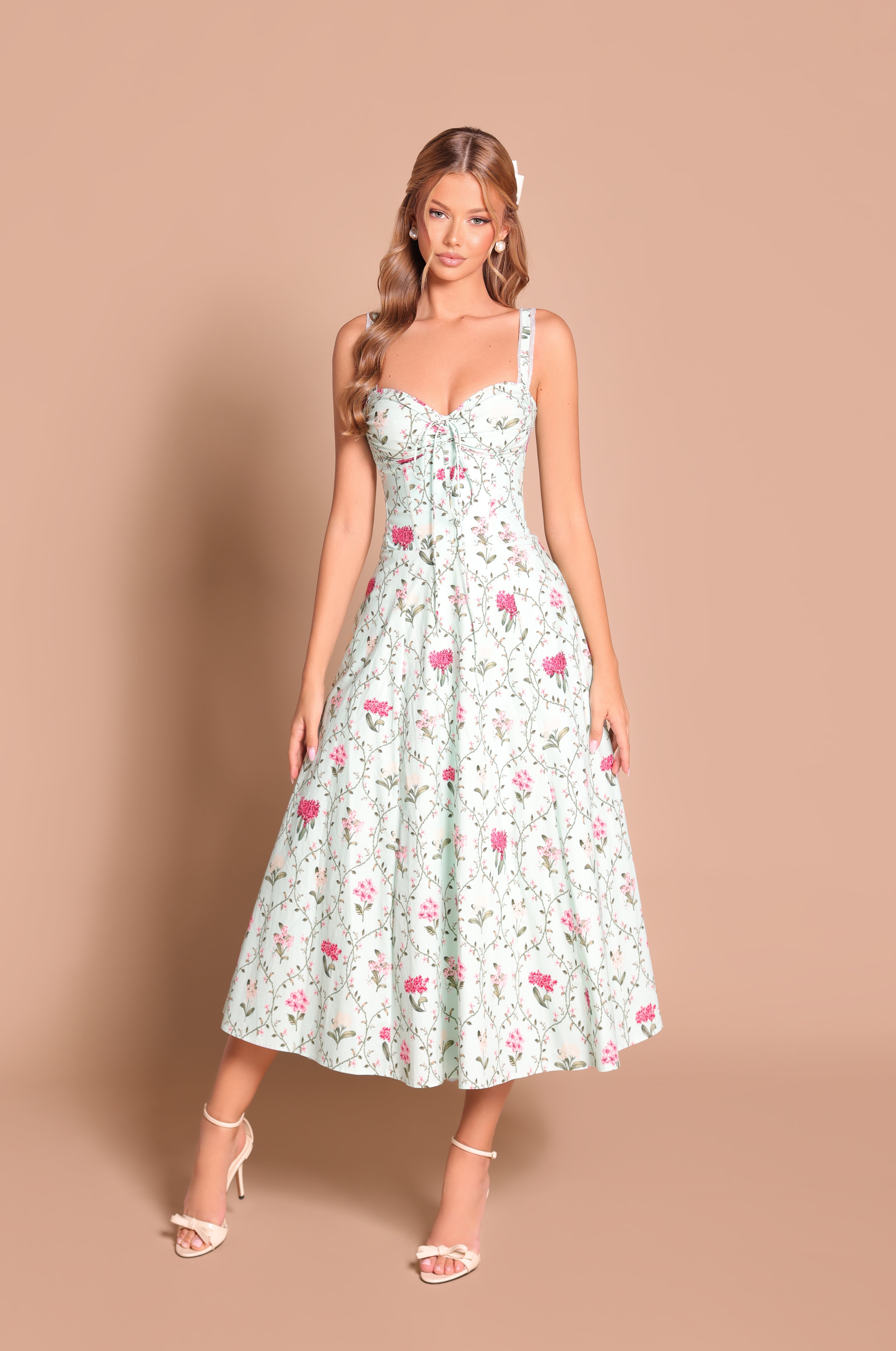 CELENIA Mint Green Floral Corset Midi Dress
