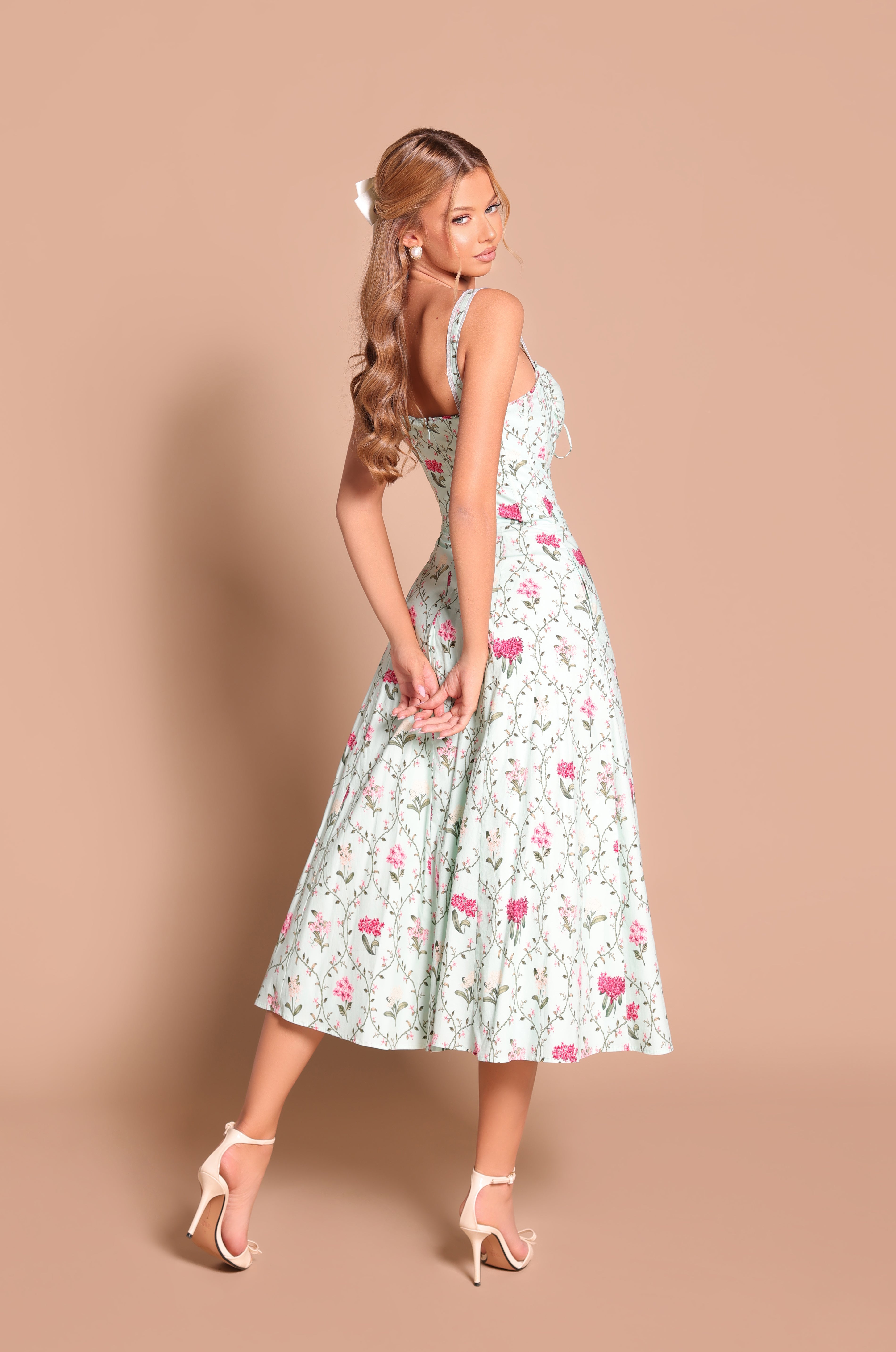 CELENIA Mint Green Floral Corset Midi Dress