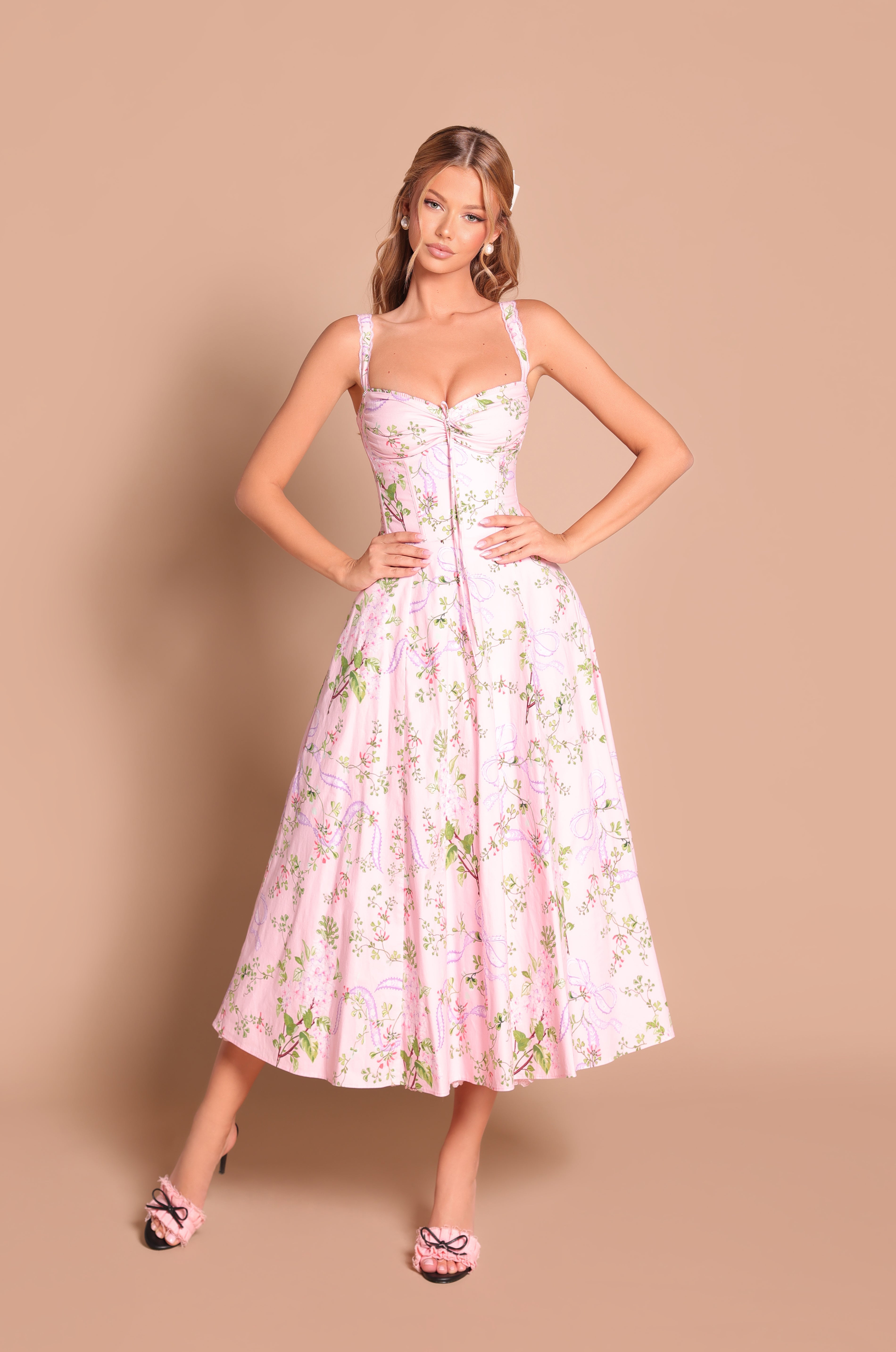 CELENIA Blush Pink Floral Bow Corset Midi Dress