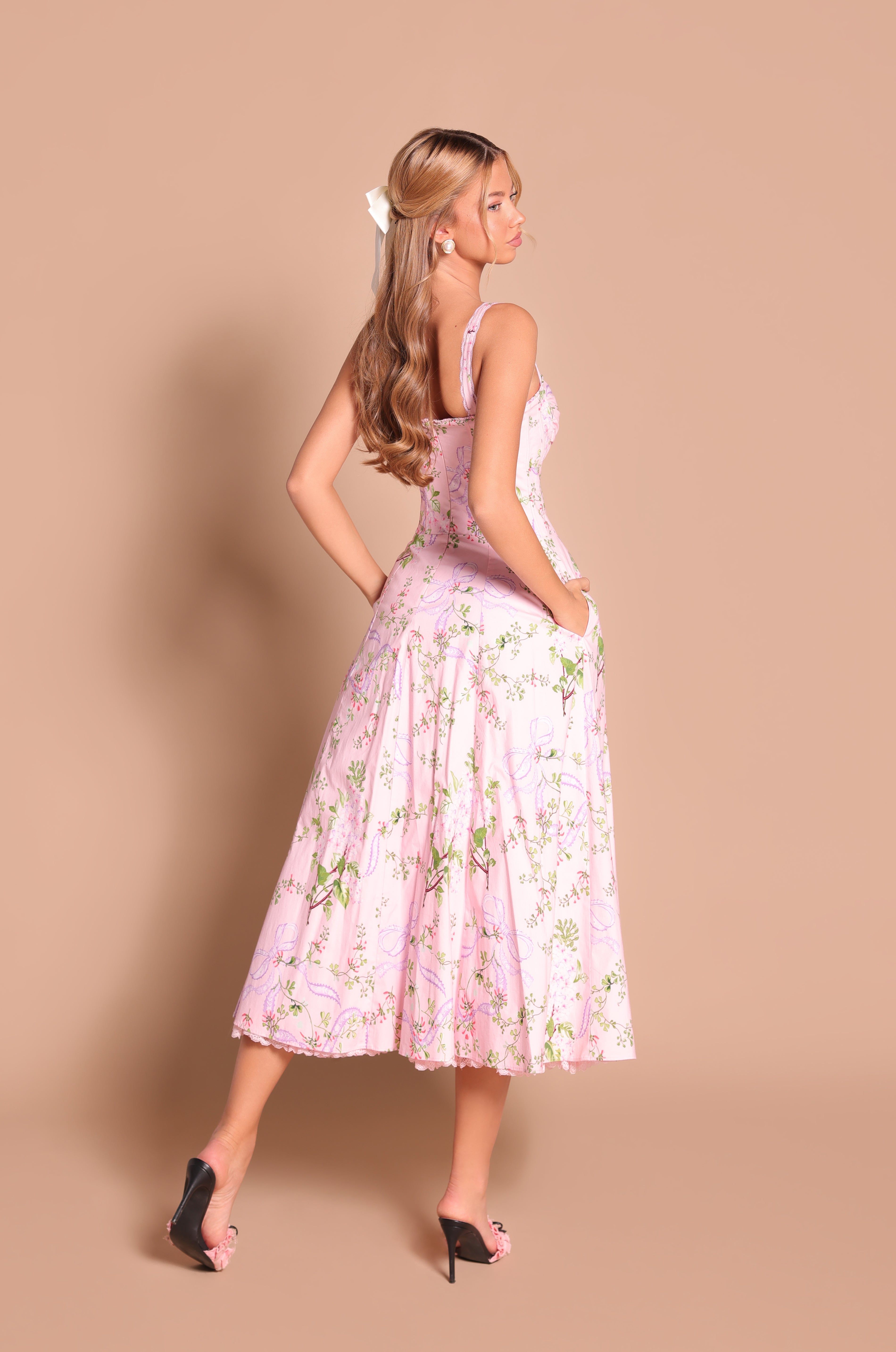 CELENIA Blush Pink Floral Bow Corset Midi Dress