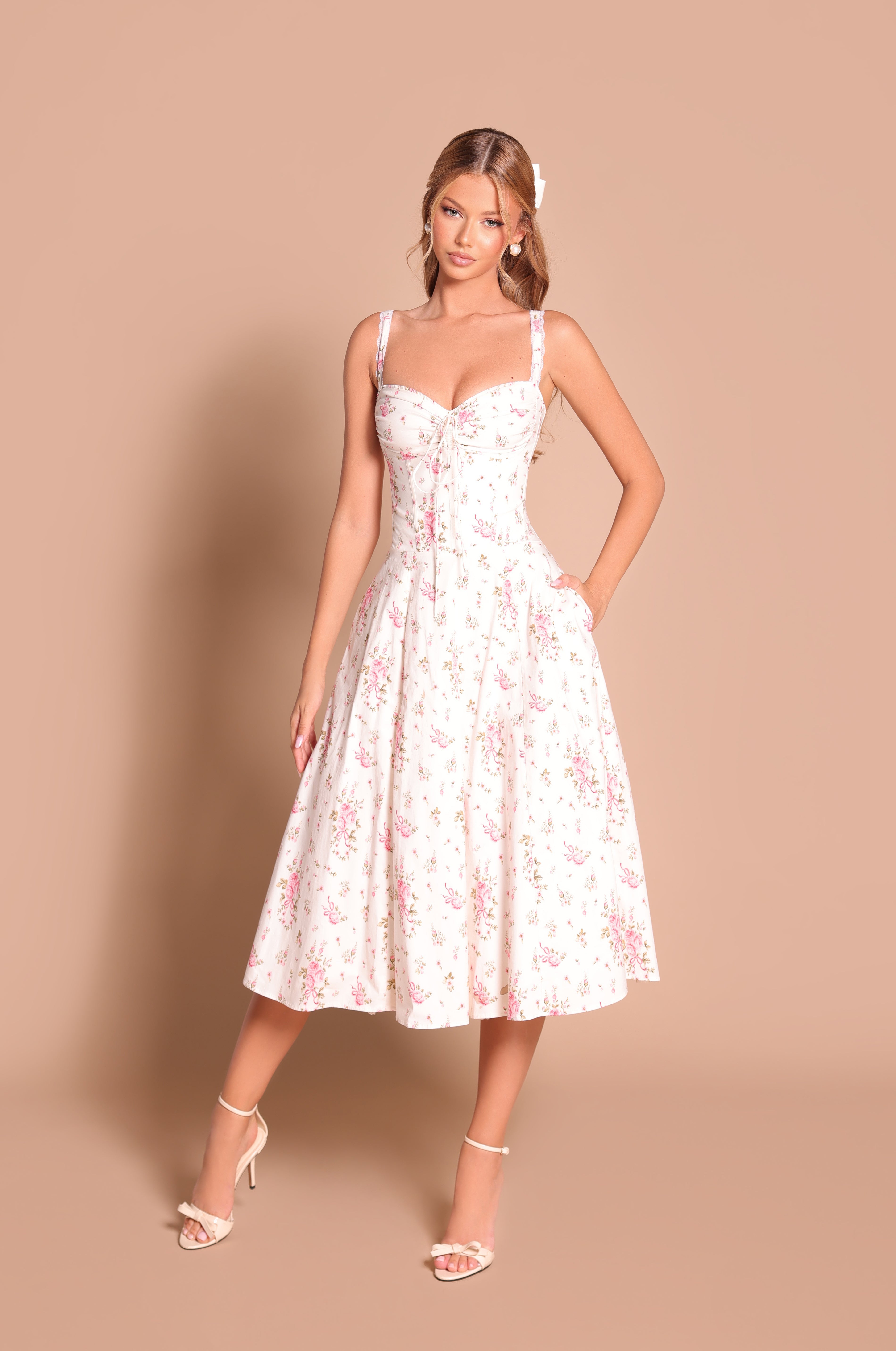 CELENIA Ivory White Floral Corset Midi Dress