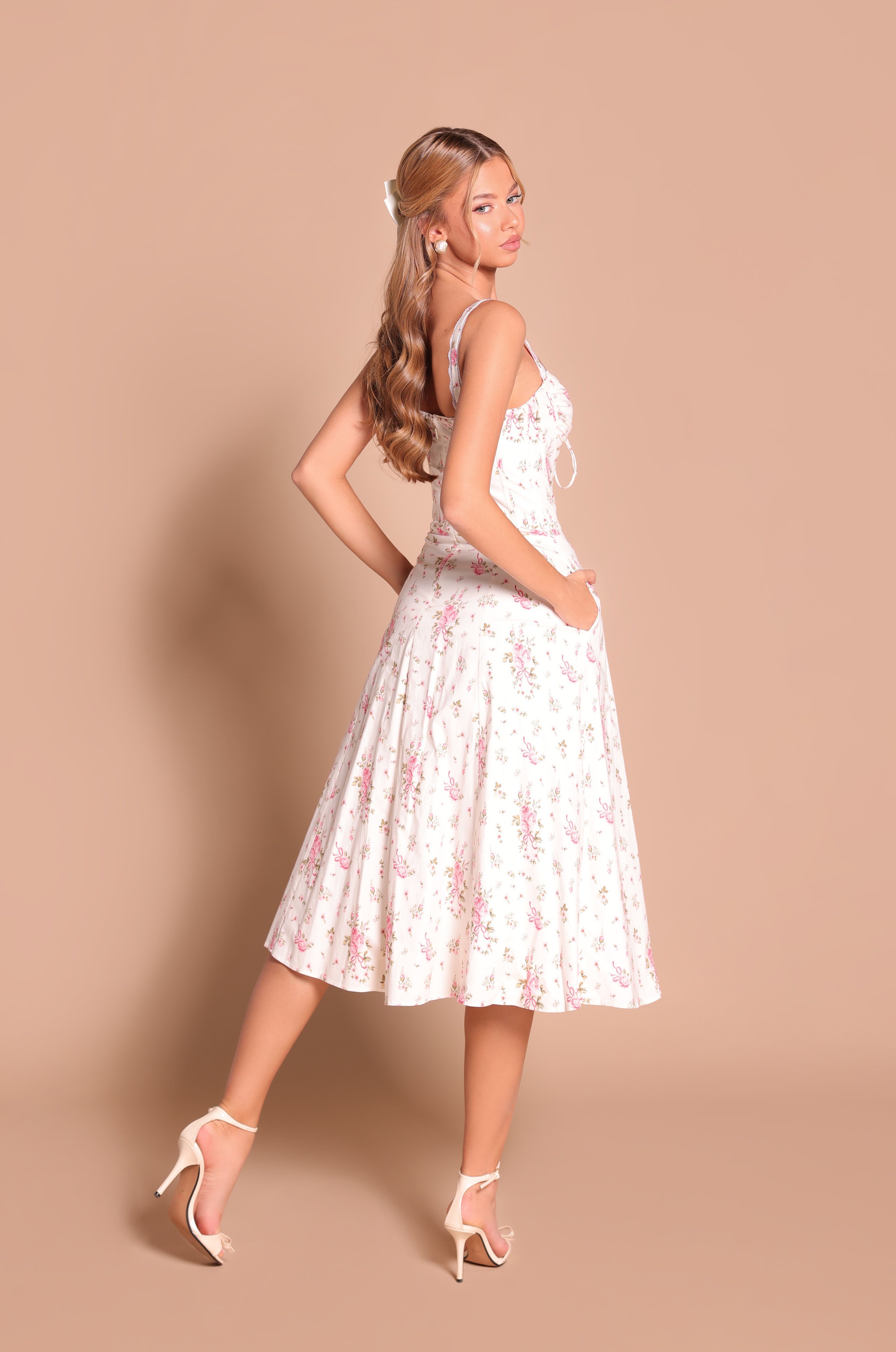 CELENIA Ivory White Floral Corset Midi Dress
