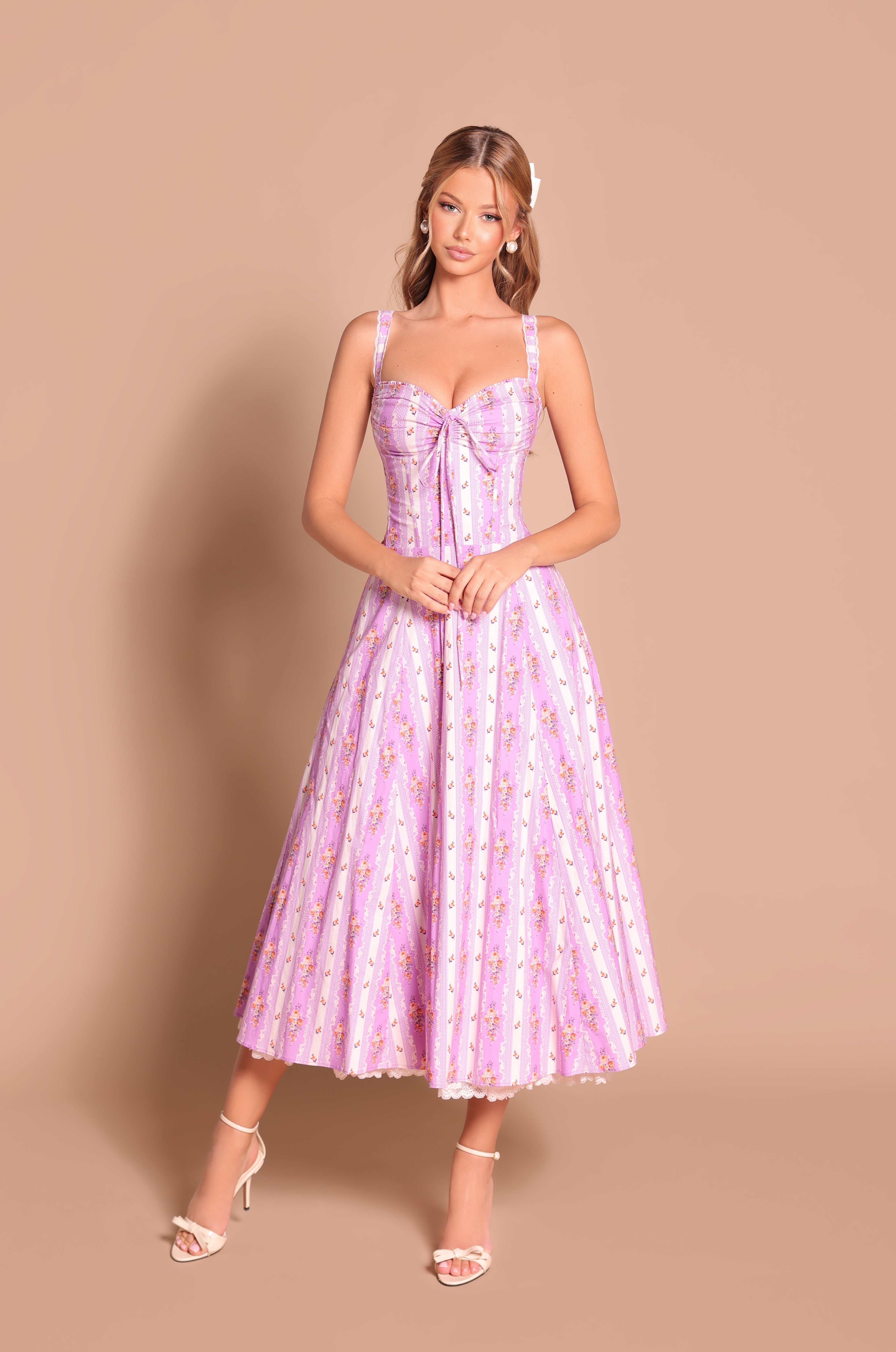 CELENIA Lilac Floral Corset Midi Dress
