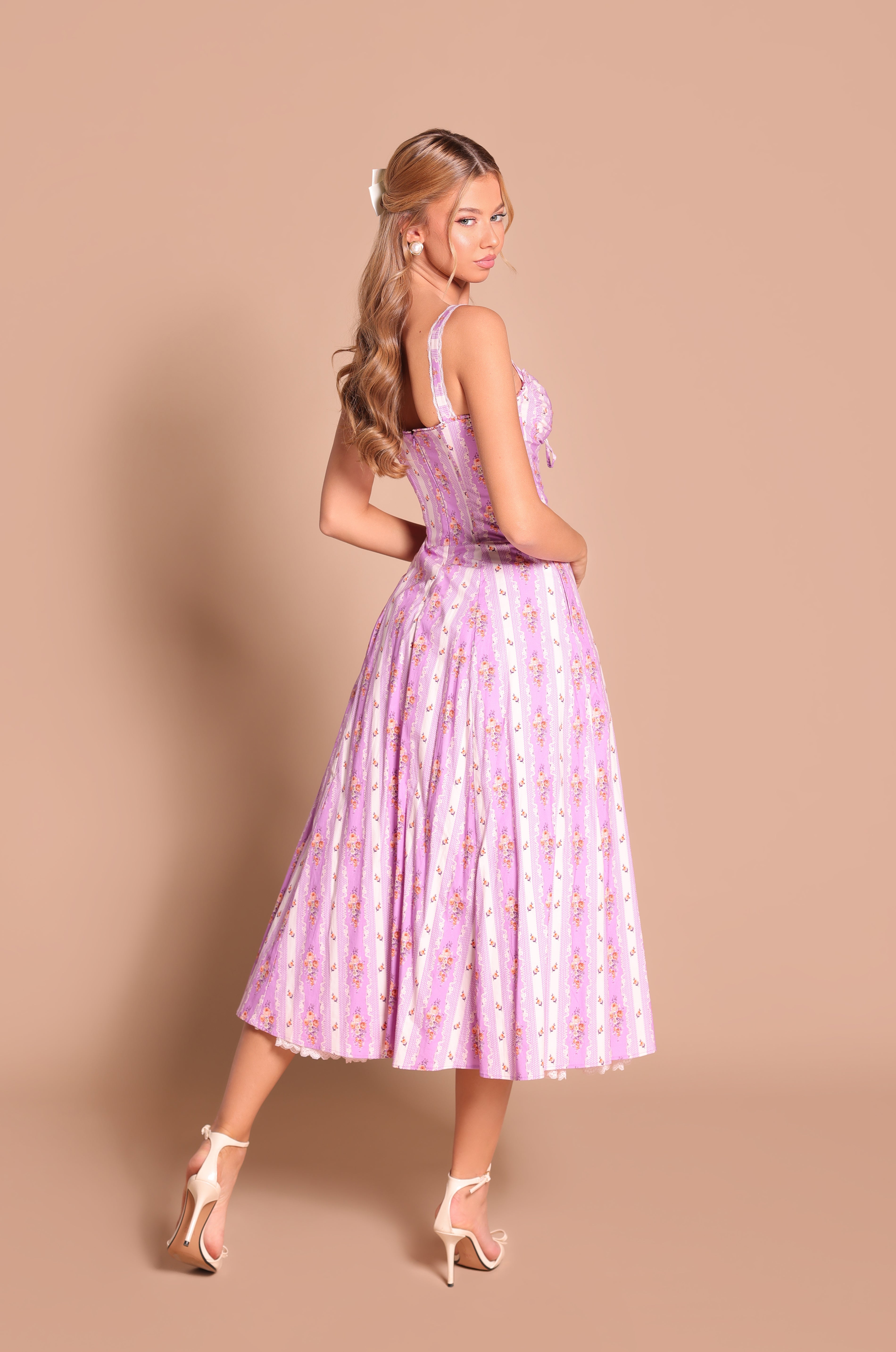 CELENIA Lilac Floral Corset Midi Dress