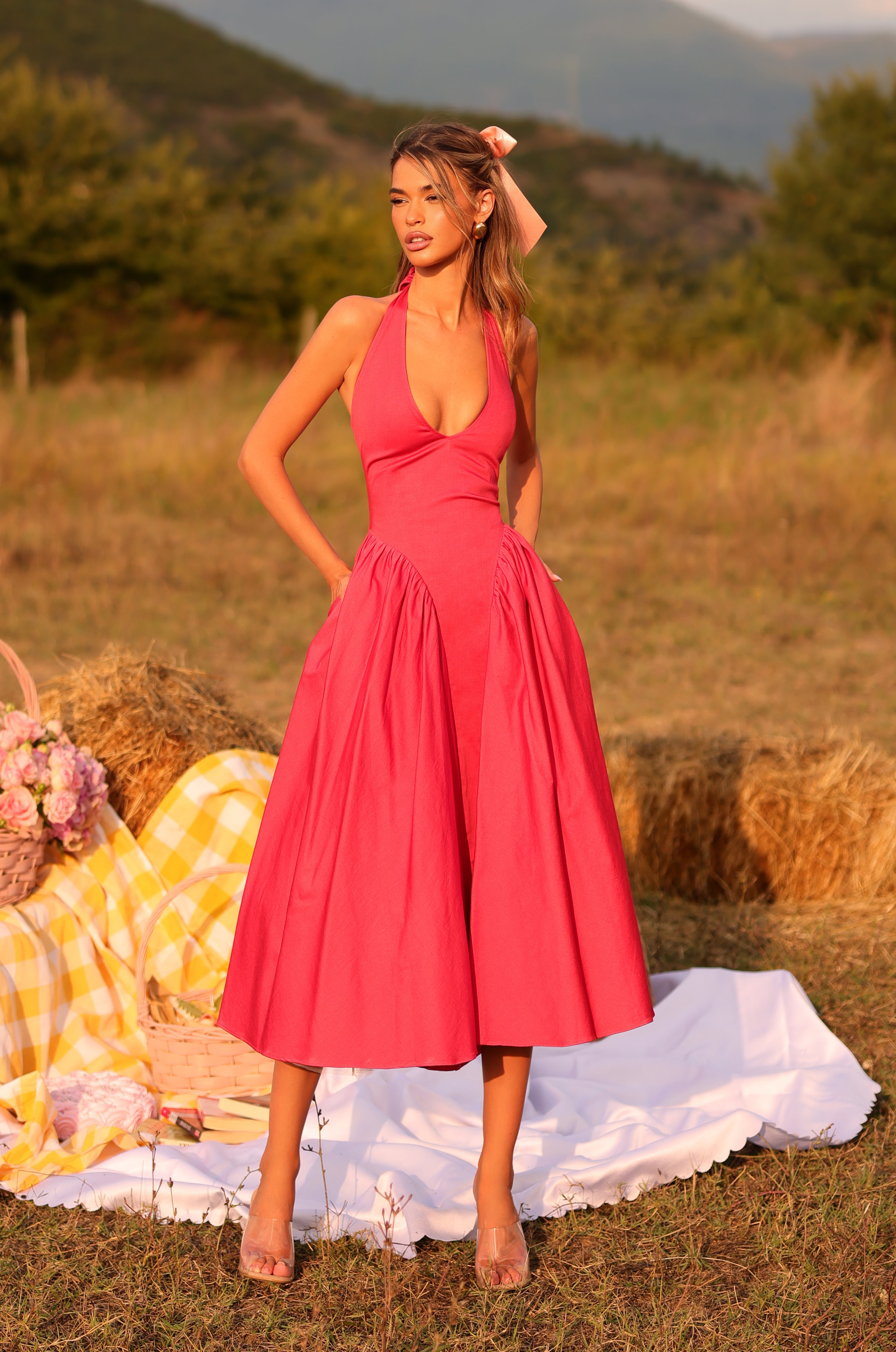 SOLENA Winterberry Red Halter Midi Dress