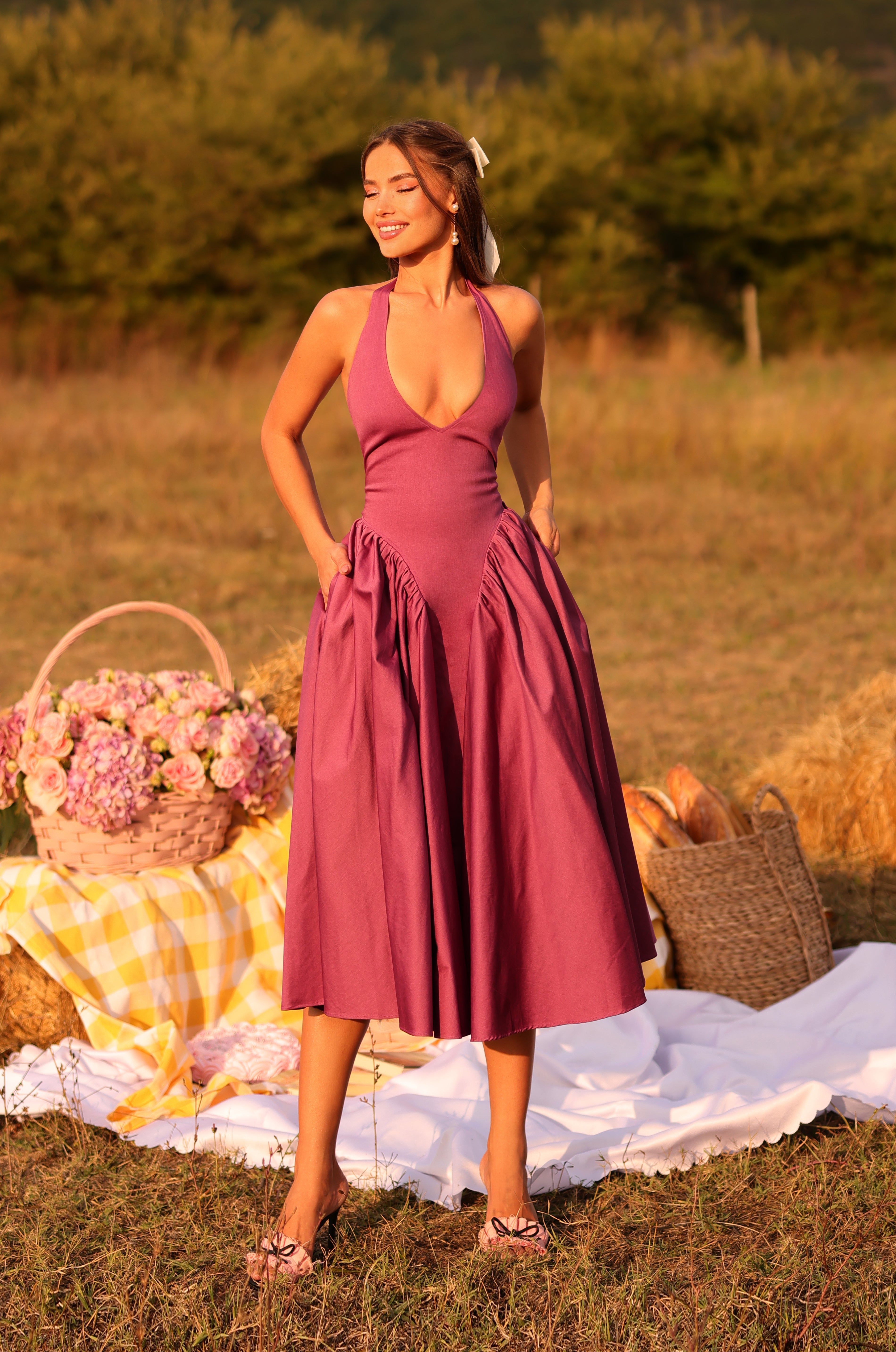 SOLENA Vintage Rose Purple Halter Midi Dress