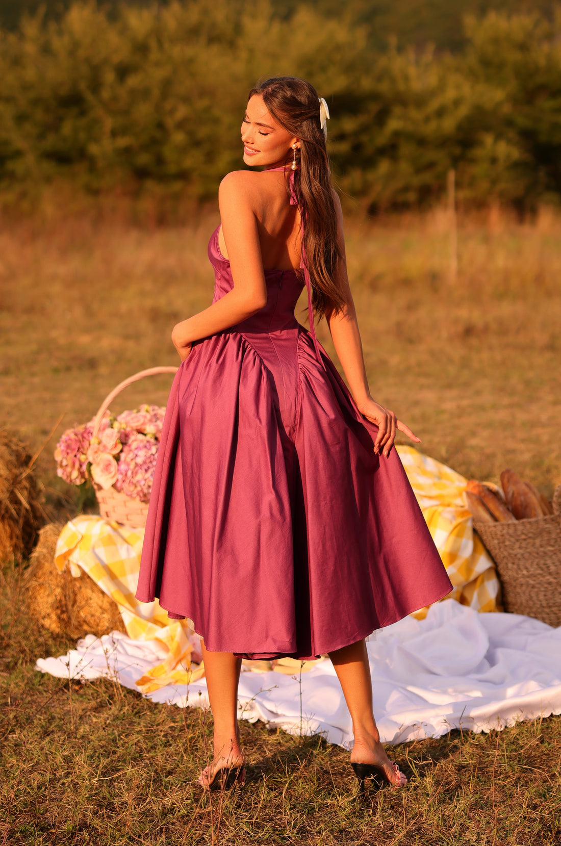 SOLENA Vintage Rose Purple Halter Midi Dress