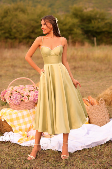 OLIVETTA Olive Green Corset Midi Dress
