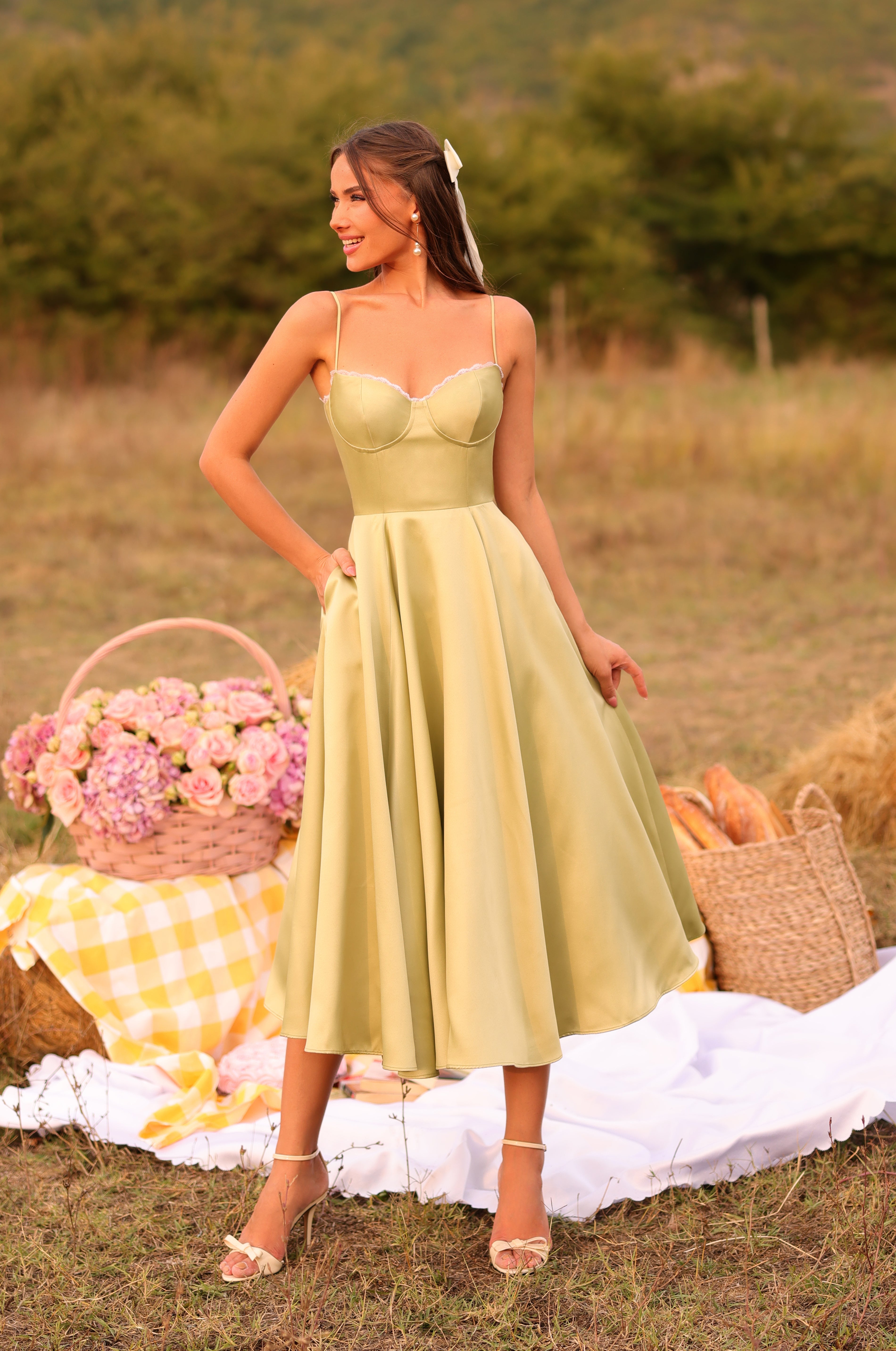 OLIVETTA Olive Green Corset Midi Dress
