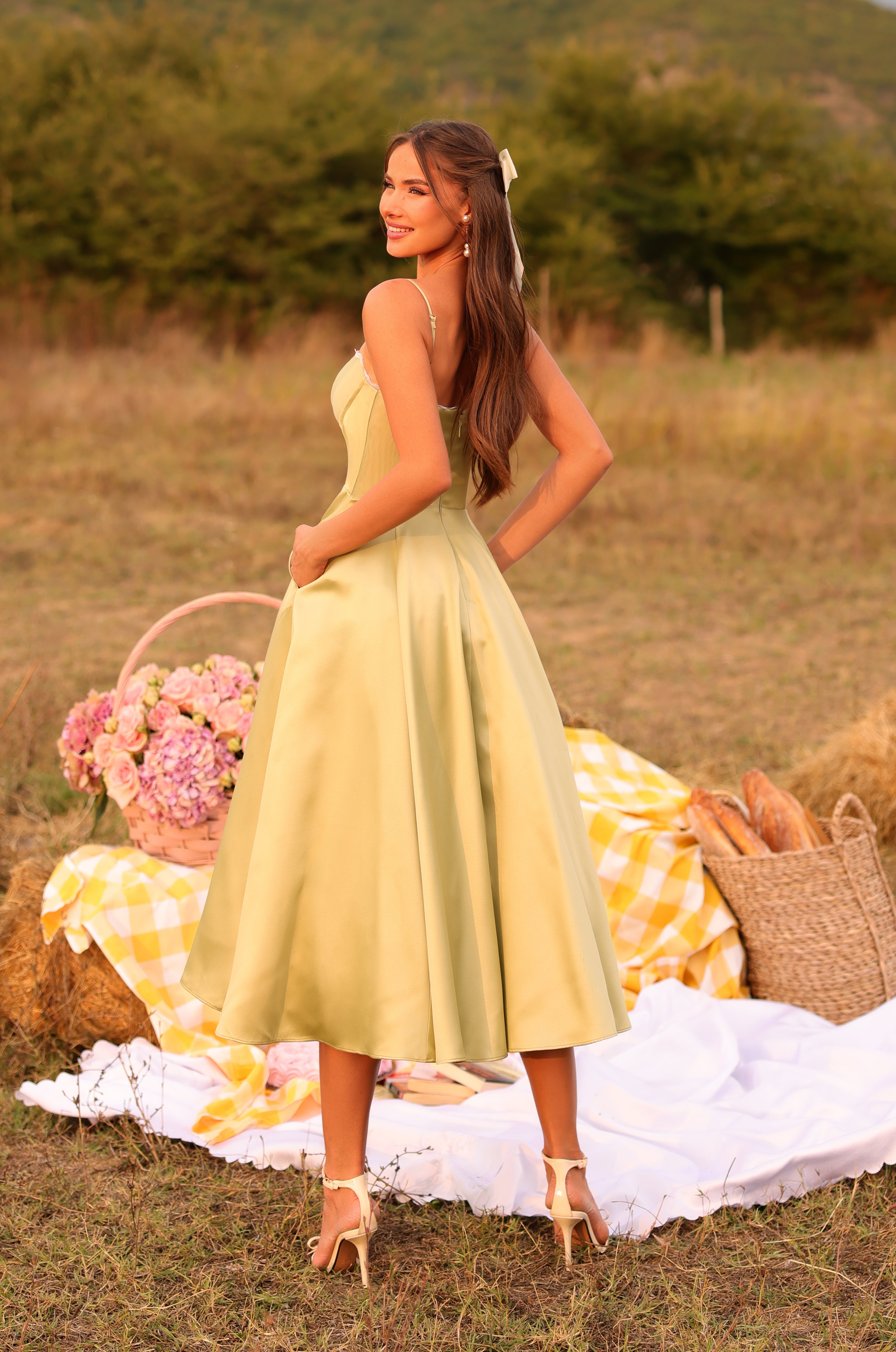 OLIVETTA Olive Green Corset Midi Dress