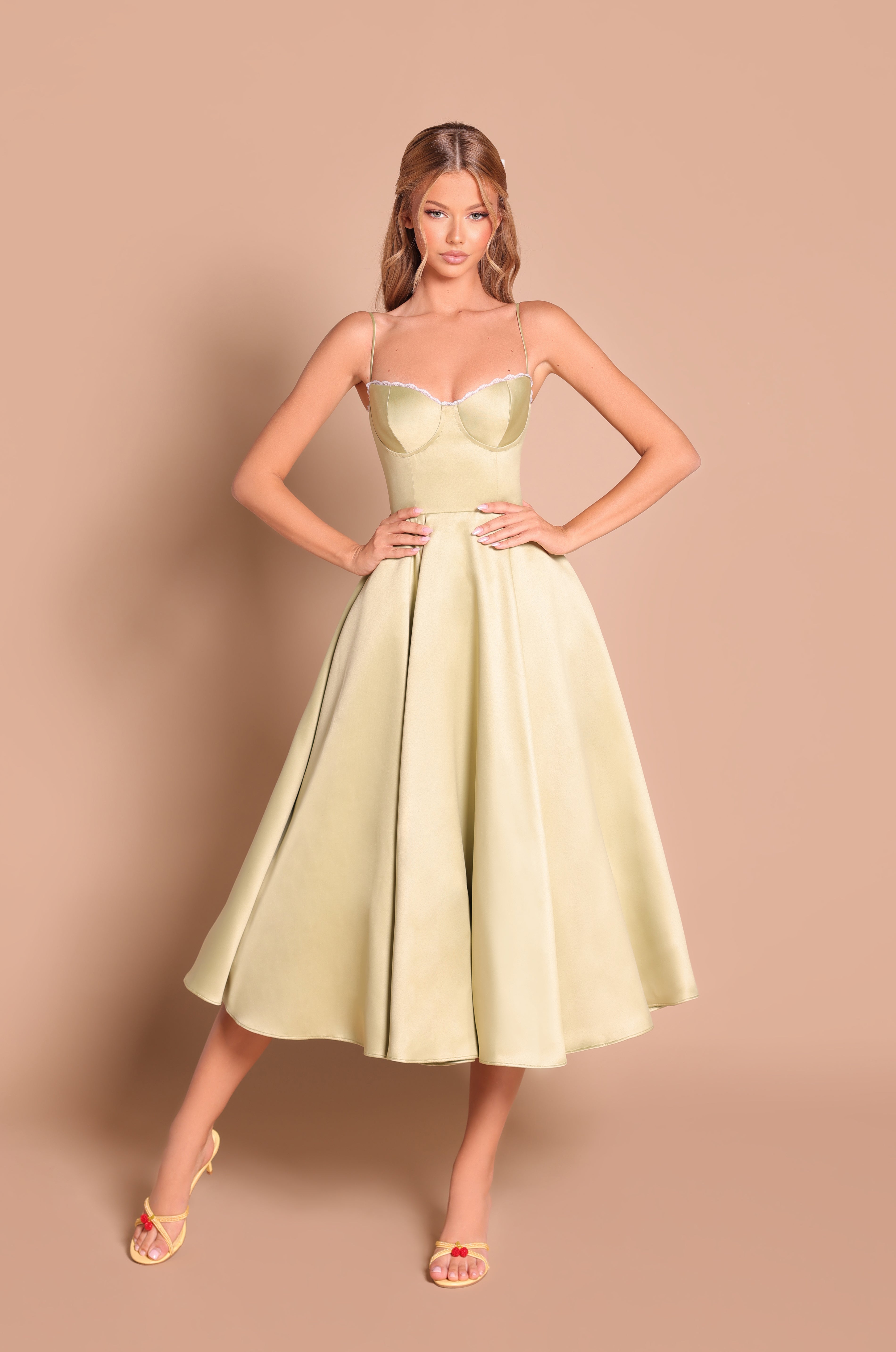 OLIVETTA Olive Green Corset Midi Dress