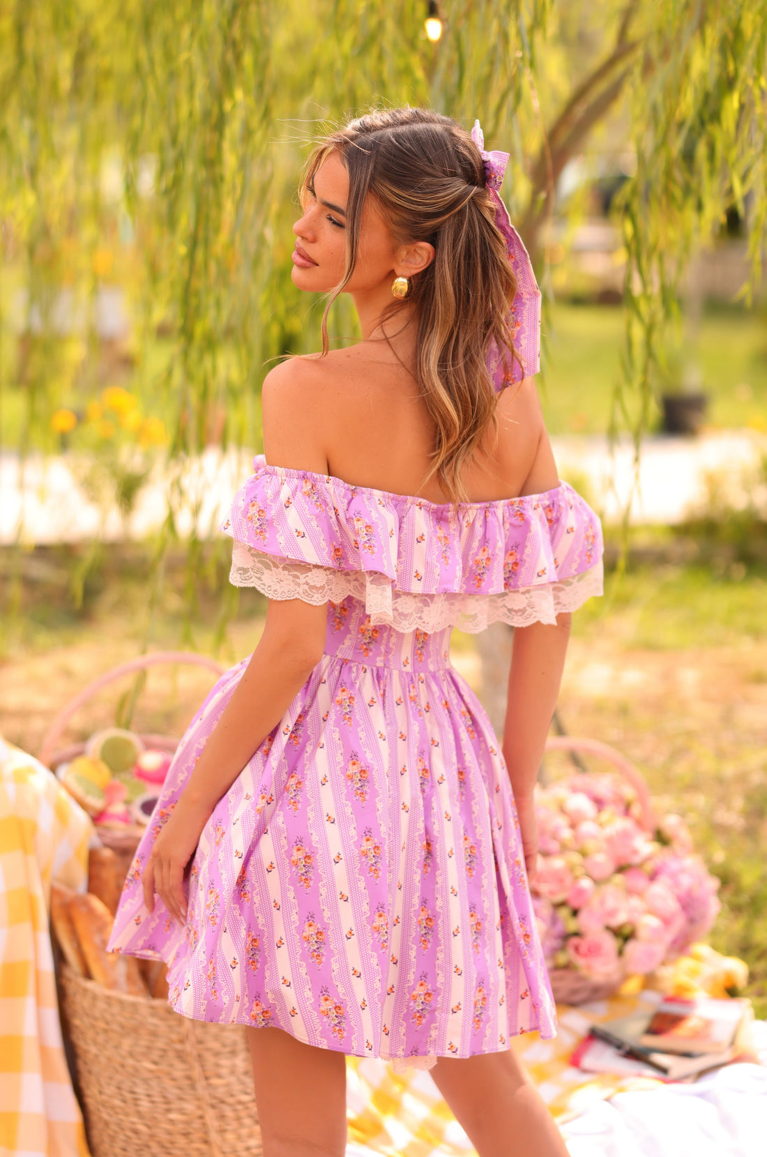 MARELLA Lilac Floral Off-Shoulder Mini Dress