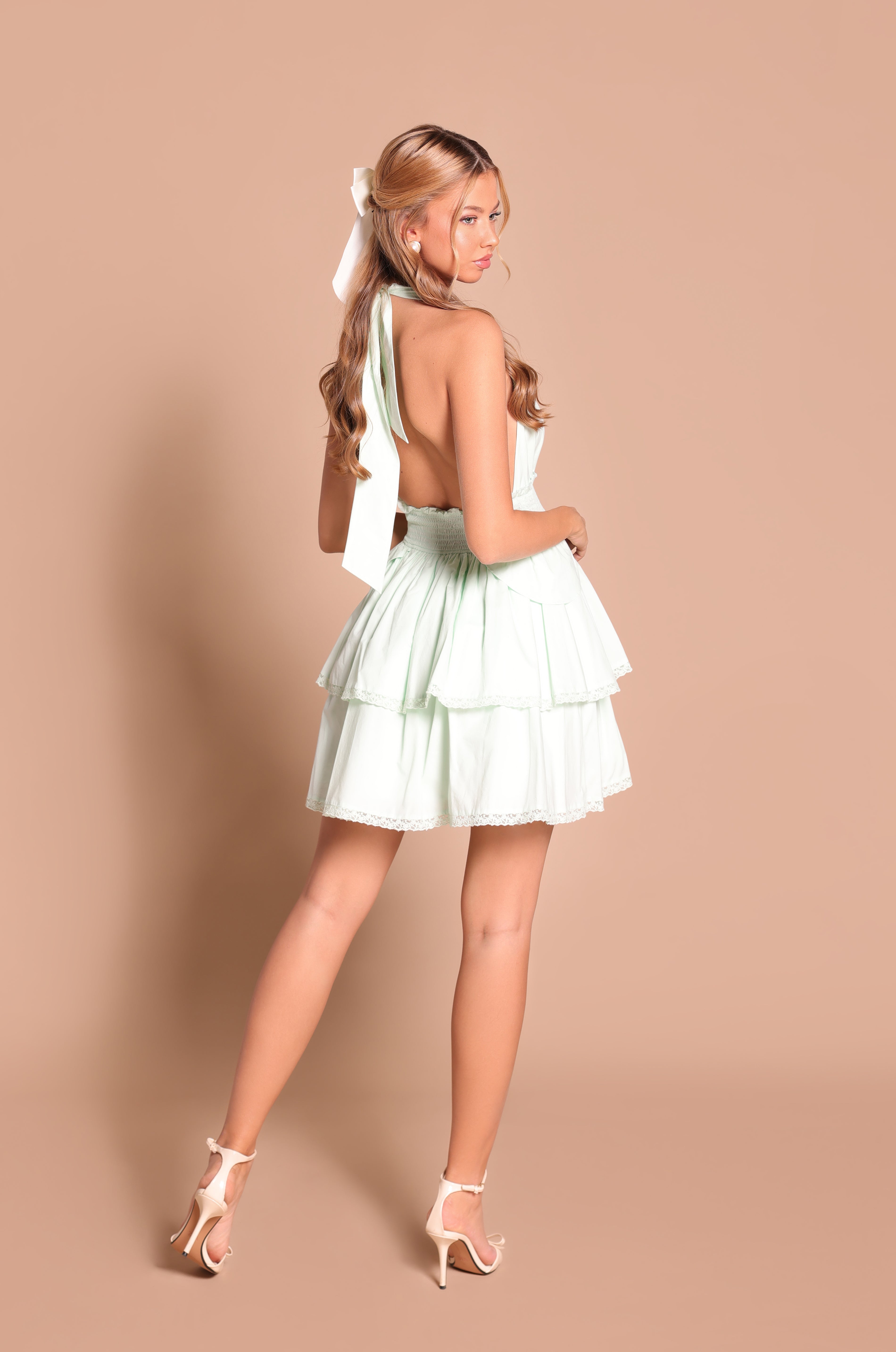 SERENYA Mint Vista Tiered Lace Halter Mini Dress