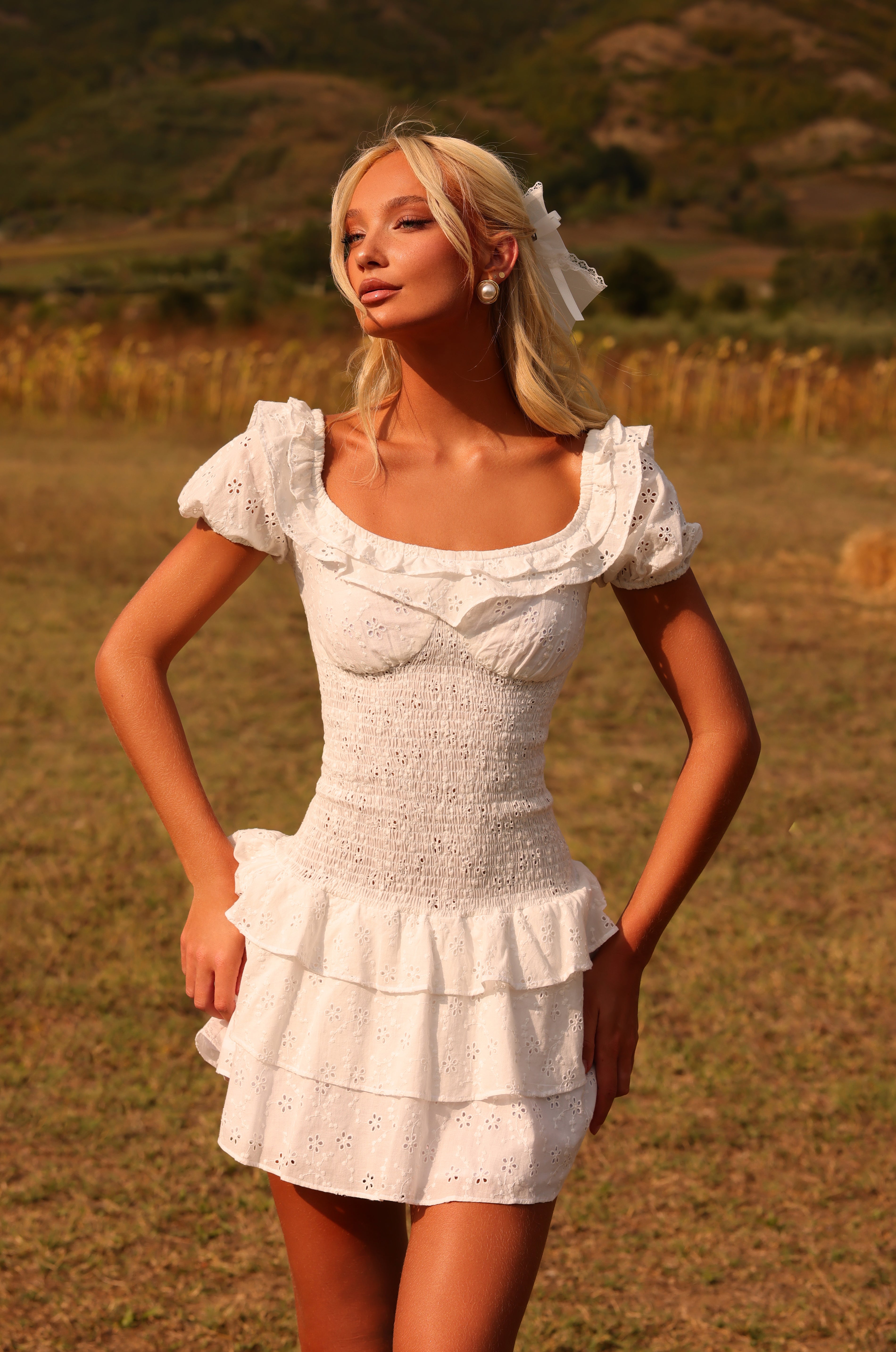 MACIE Ivory White Ruffle Tiered Mini Dress