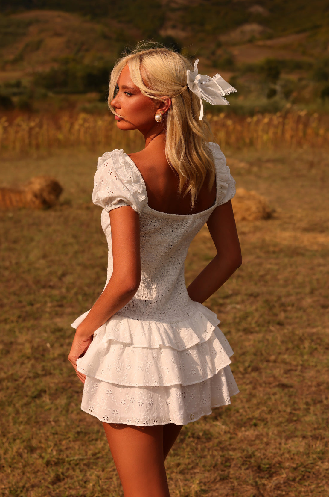 MACIE Ivory White Ruffle Tiered Mini Dress