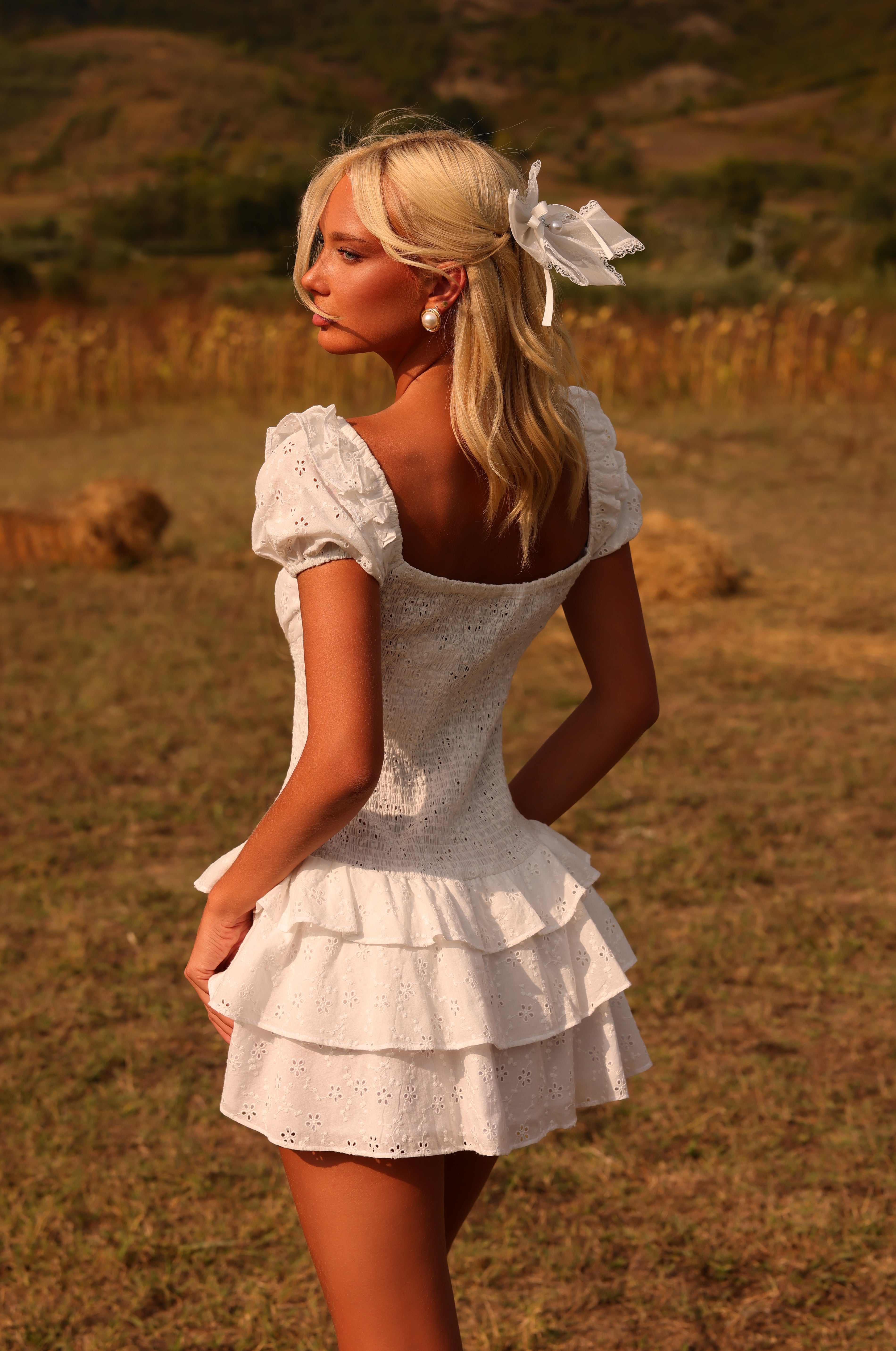 MACIE Ivory White Ruffle Tiered Mini Dress