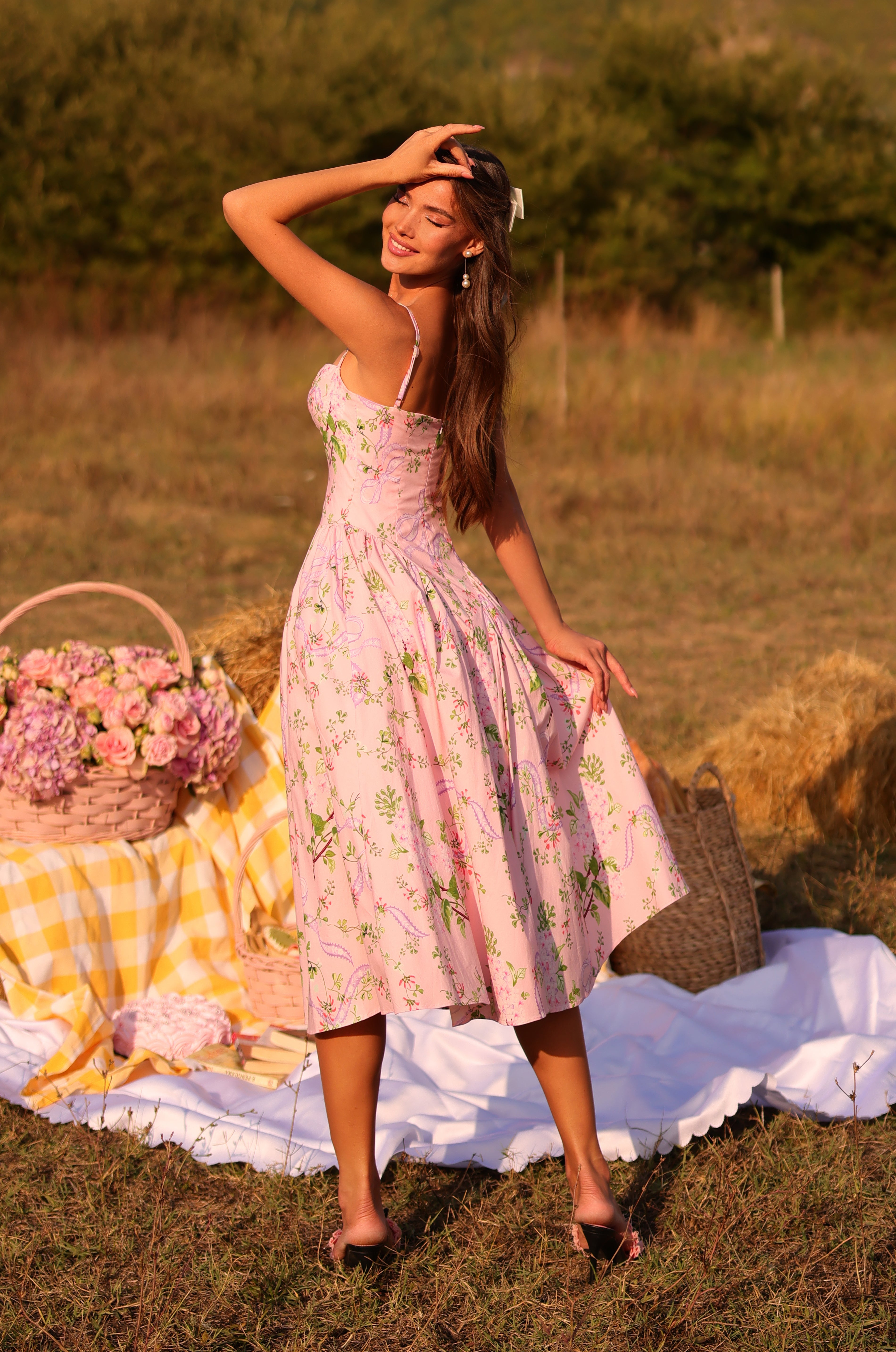 MEADOWA Blush Pink Floral Bow Corset Midi Dress