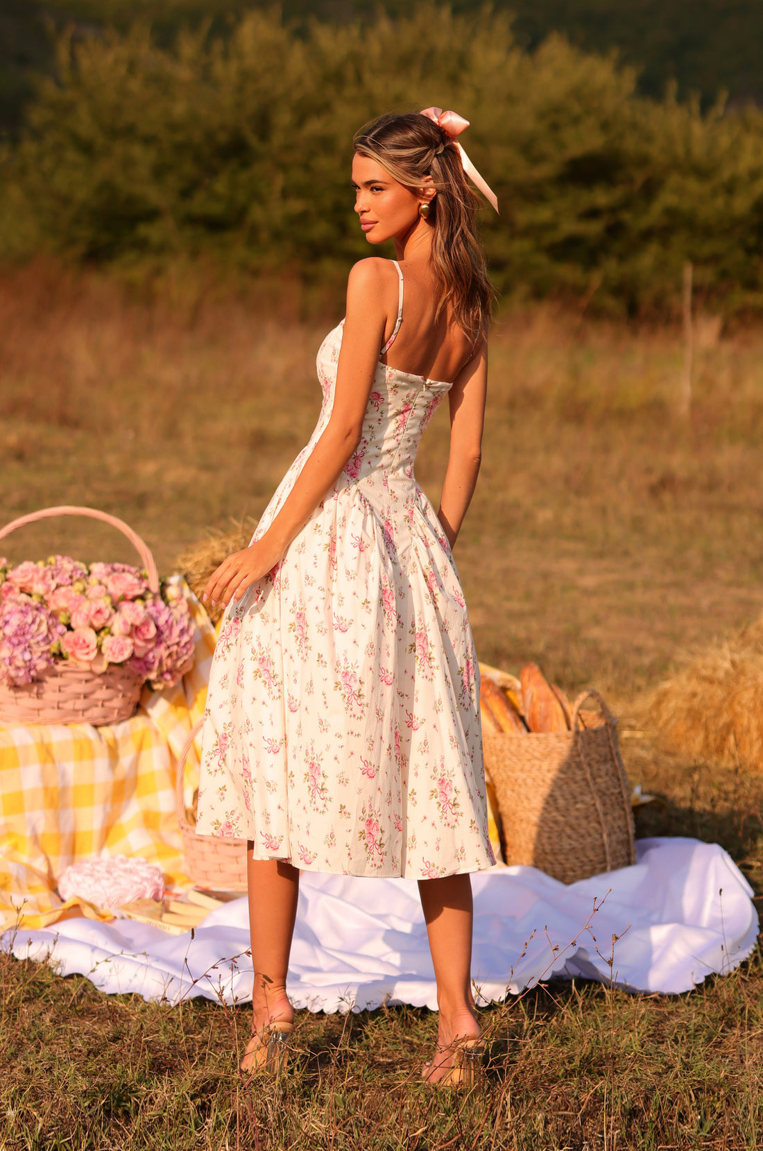 MEADOWA Cream White Floral Corset Midi Dress
