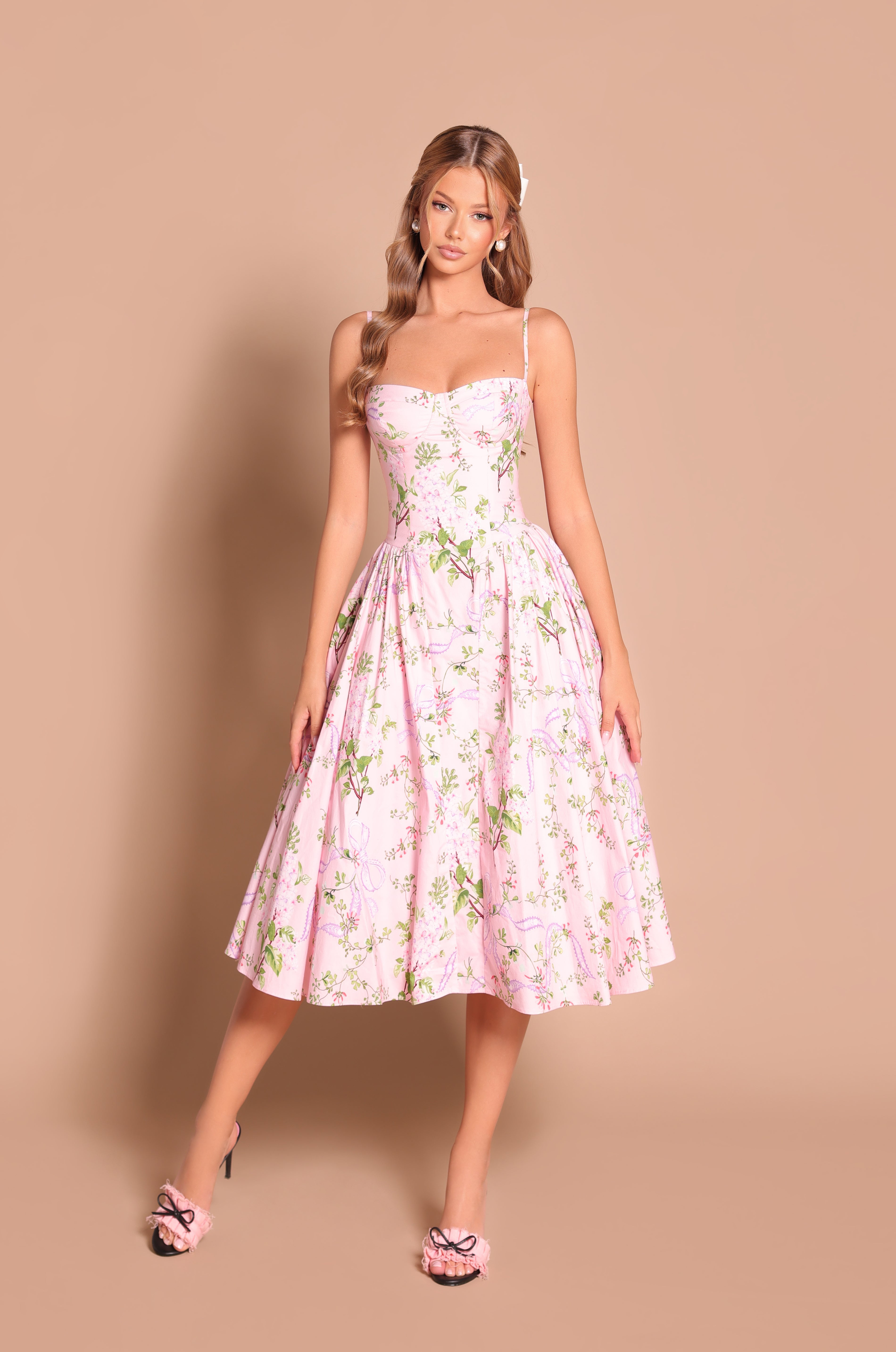 MEADOWA Blush Pink Floral Bow Corset Midi Dress