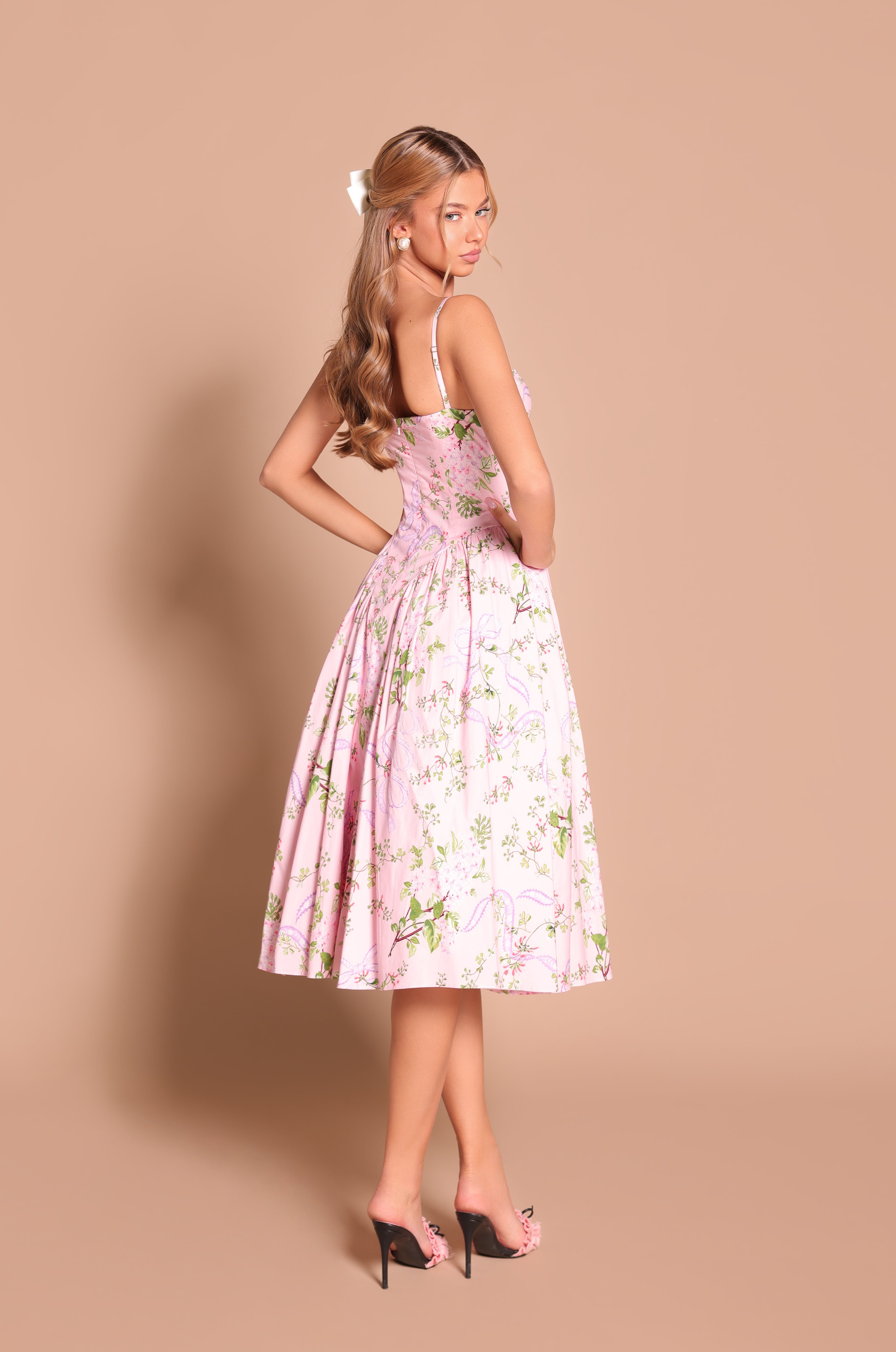 MEADOWA Blush Pink Floral Bow Corset Midi Dress