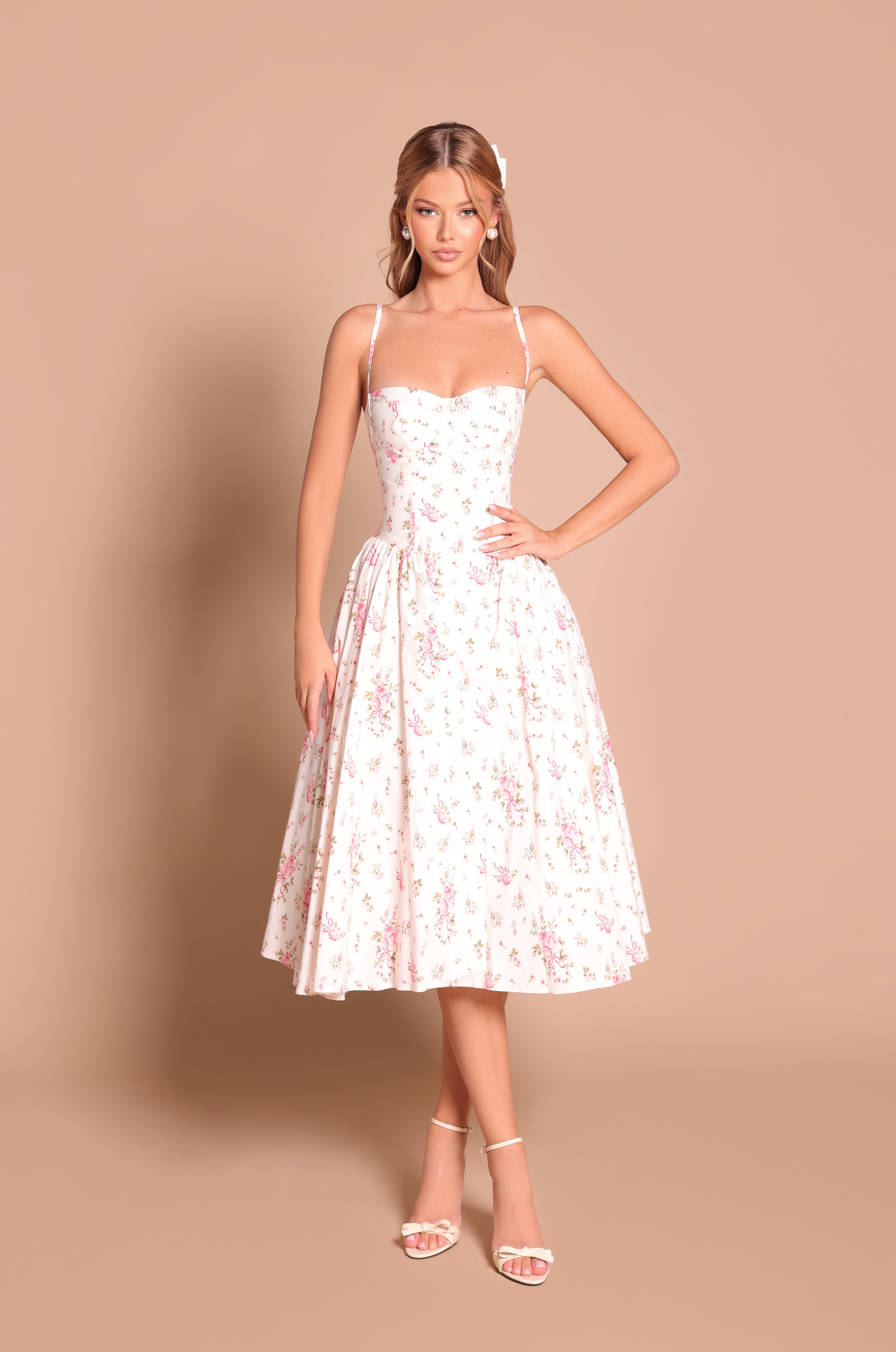 MEADOWA Cream White Floral Corset Midi Dress