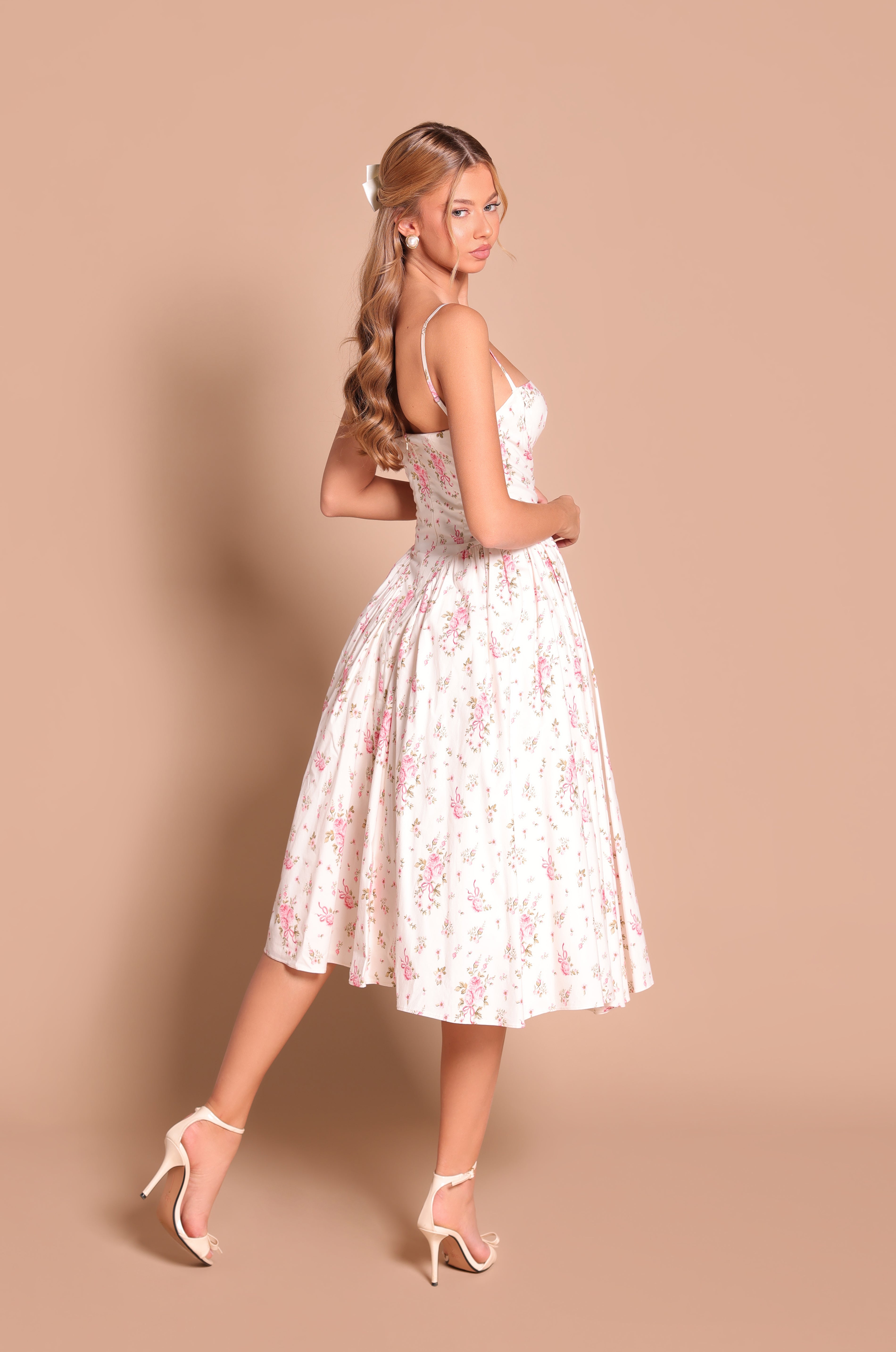 MEADOWA Cream White Floral Corset Midi Dress