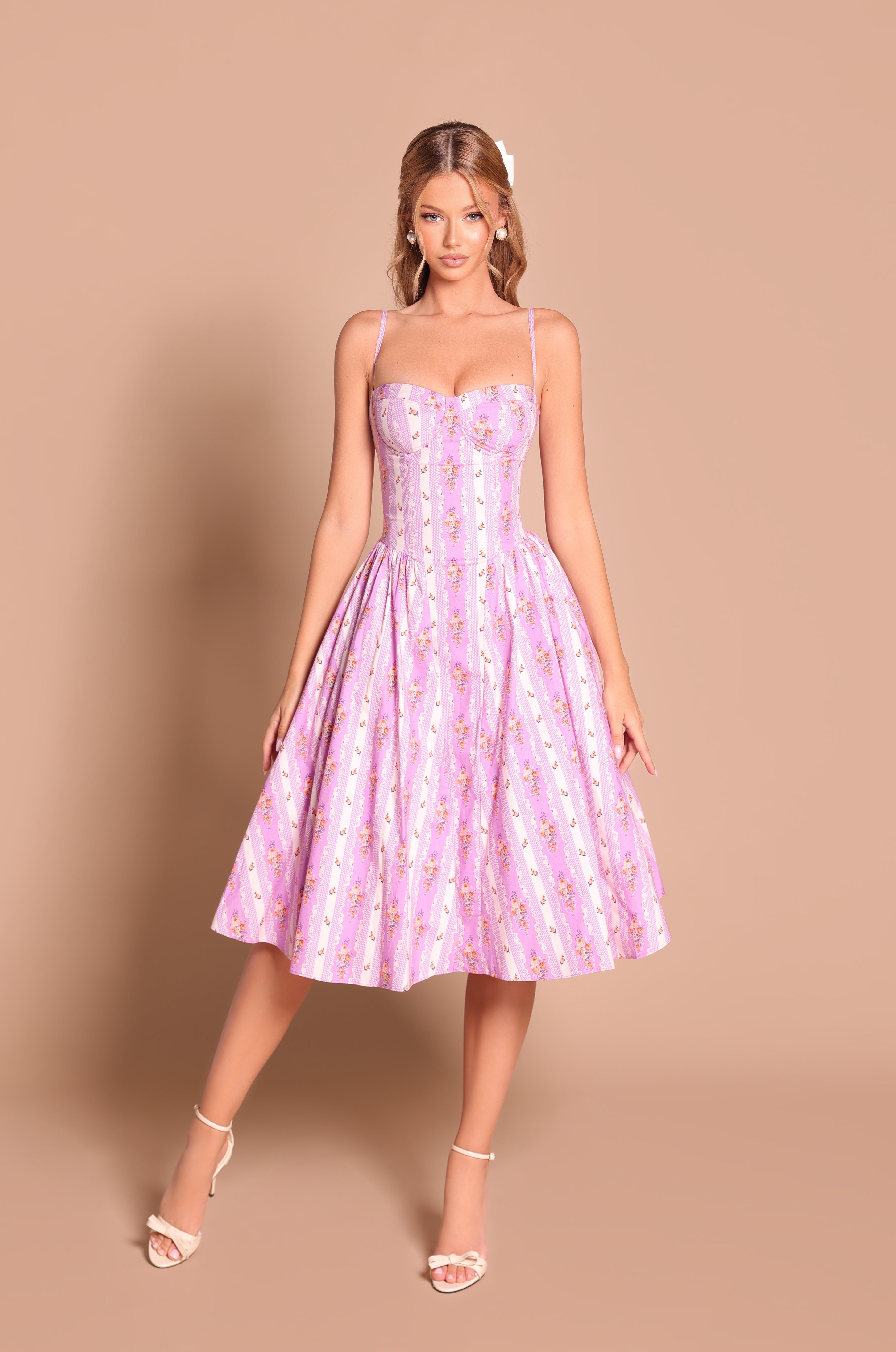 MEADOWA Lilac Floral Corset Midi Dress