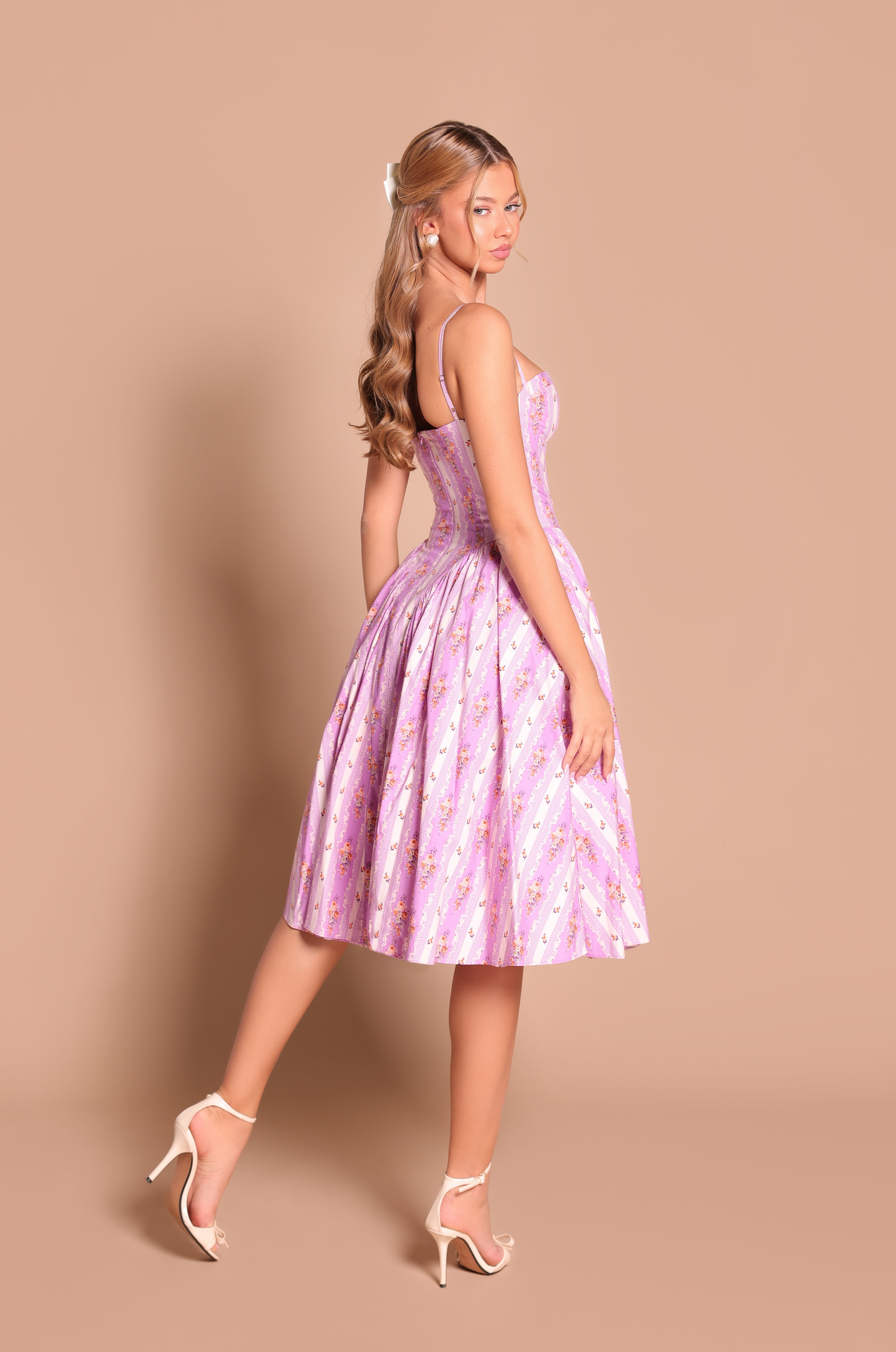 MEADOWA Lilac Floral Corset Midi Dress