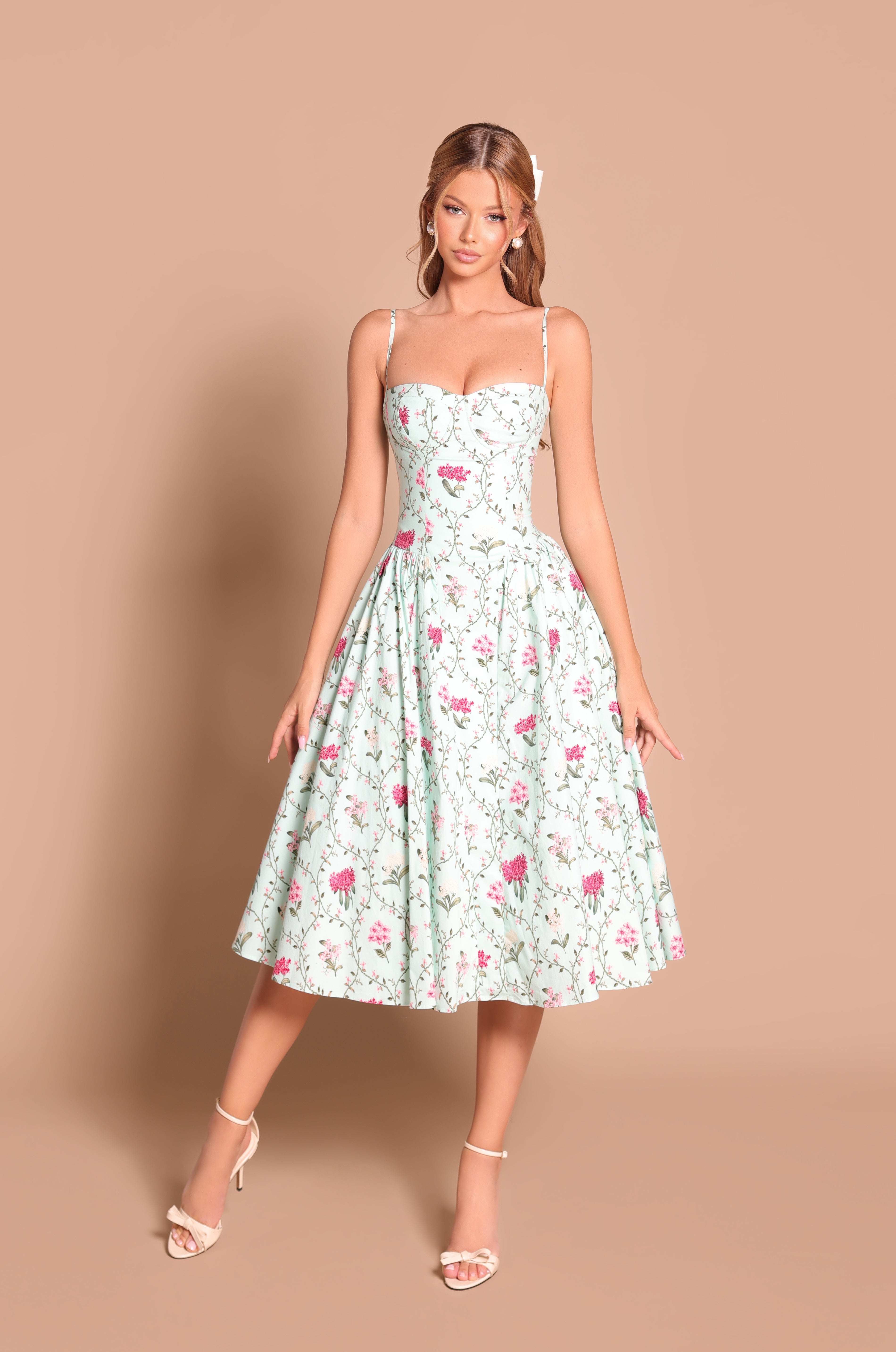 MEADOWA Mint Green Floral Corset Midi Dress