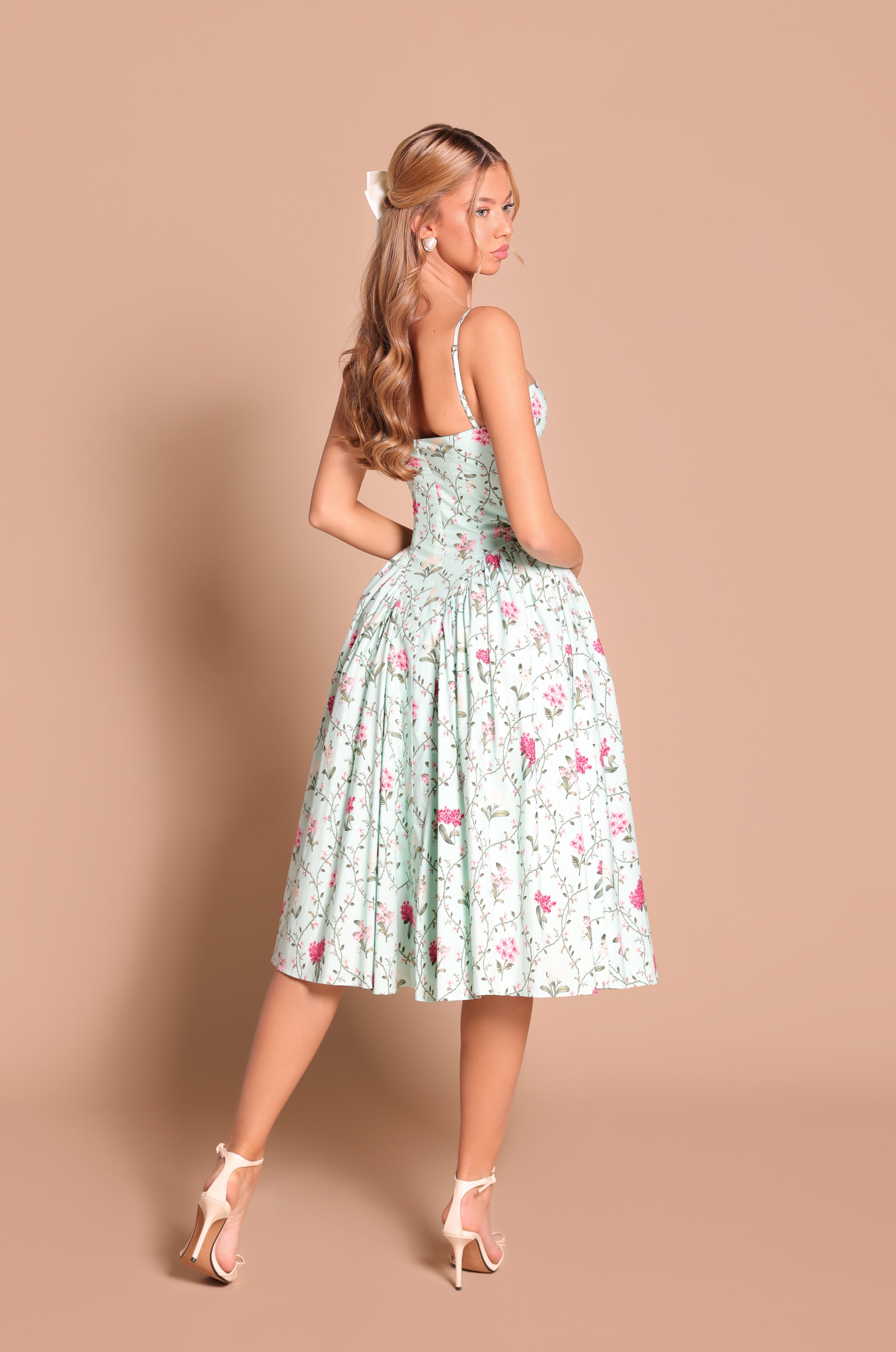 MEADOWA Mint Green Floral Corset Midi Dress