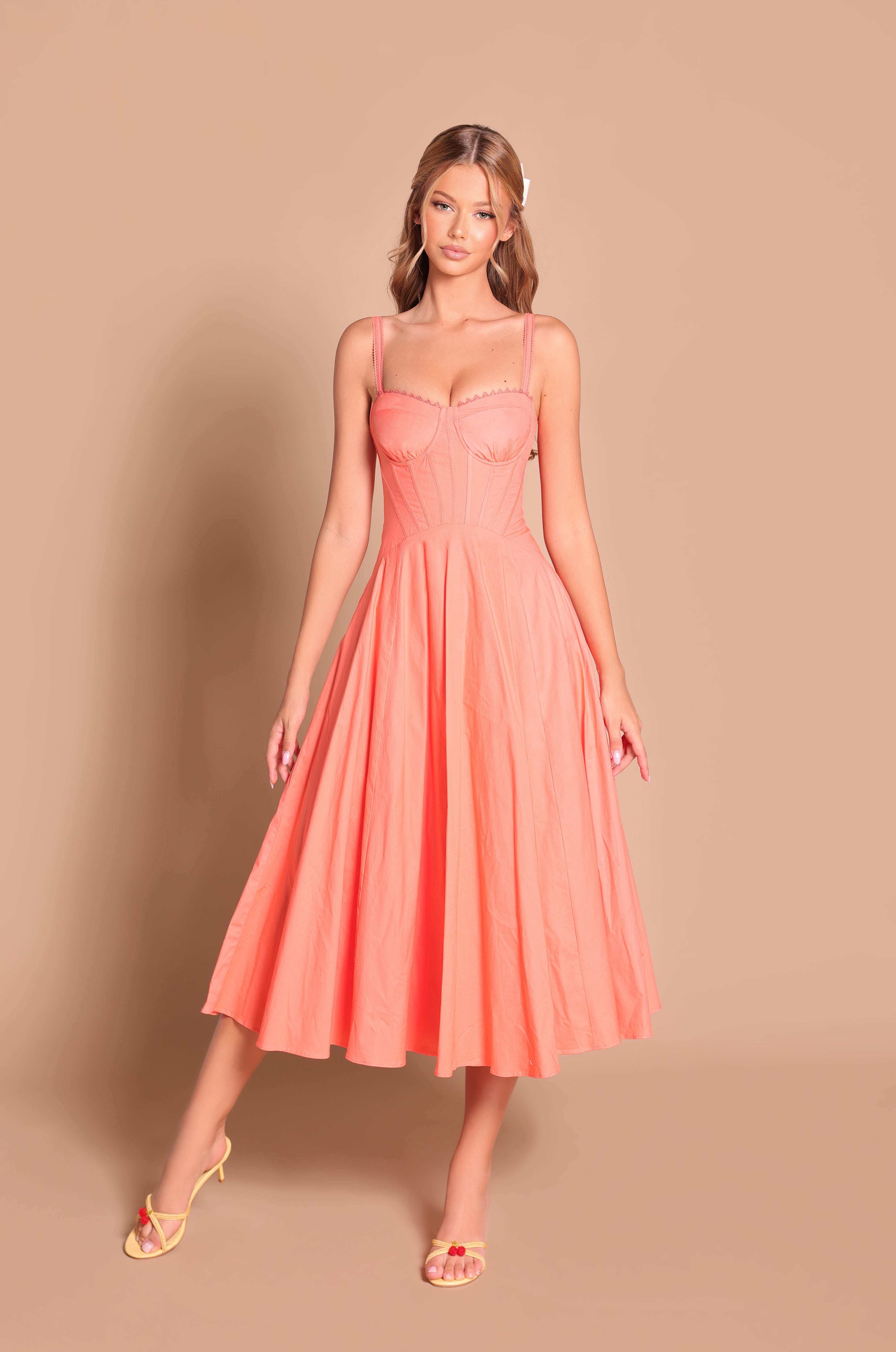PRIMELLA Solid Papaya Punch Corset Midi