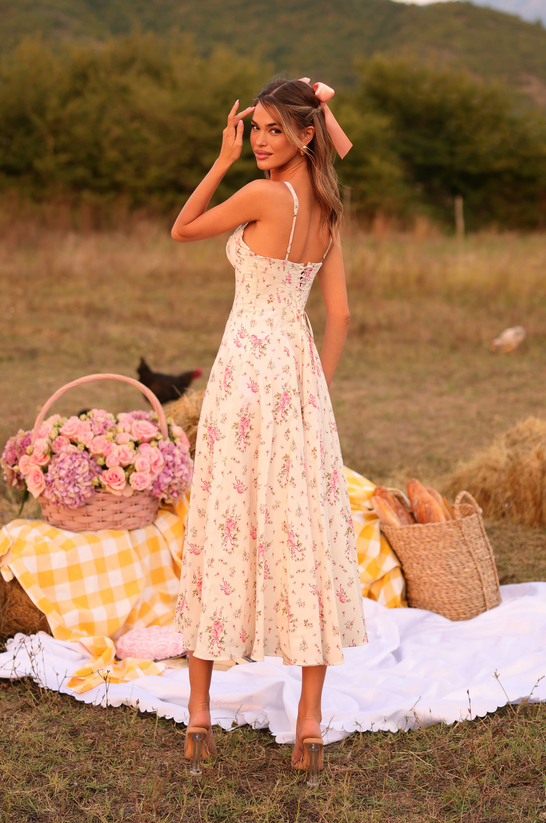 ROSELLA Cream White Floral Corset Midi