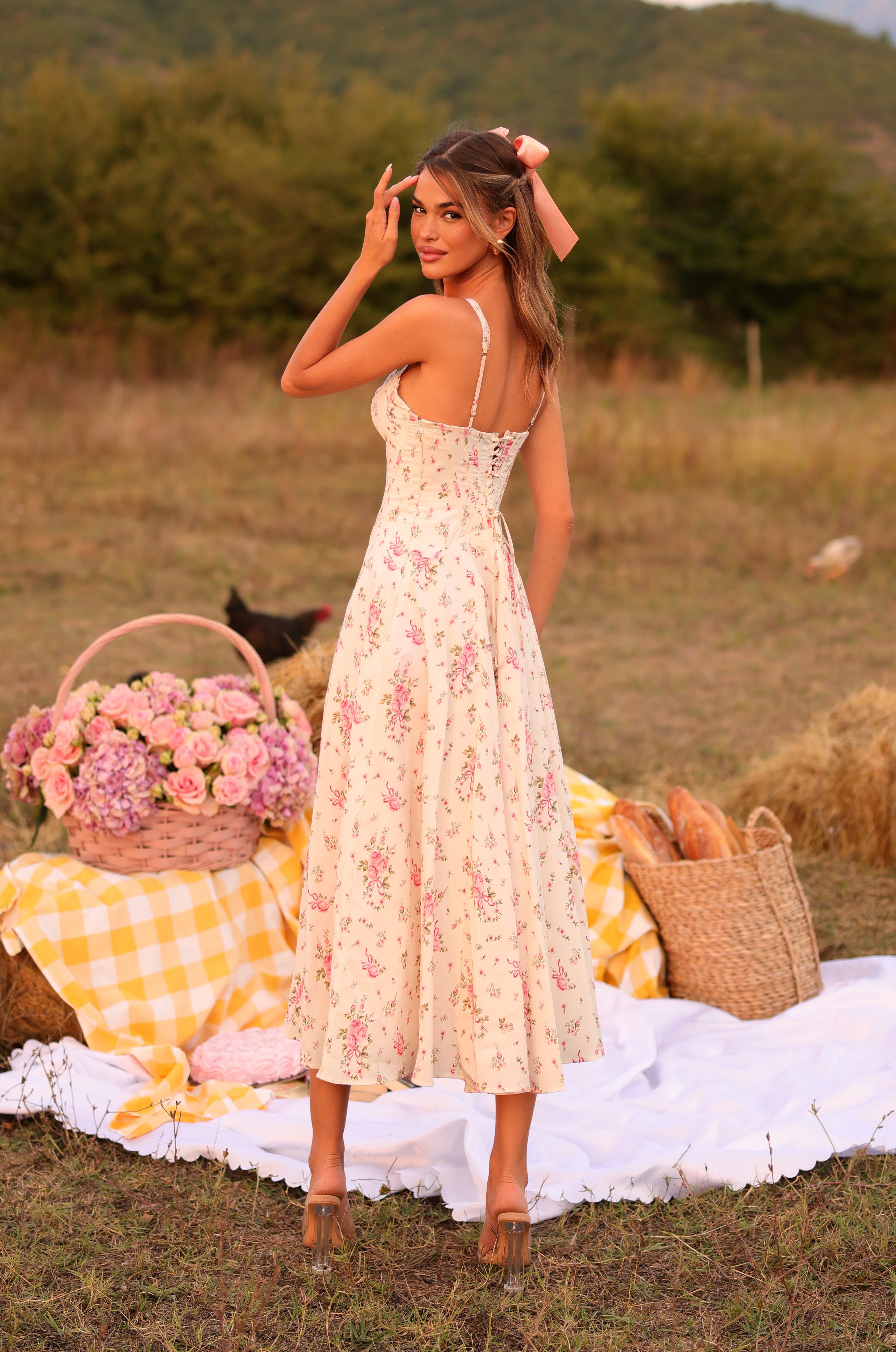 ROSELLA Cream White Floral Corset Midi