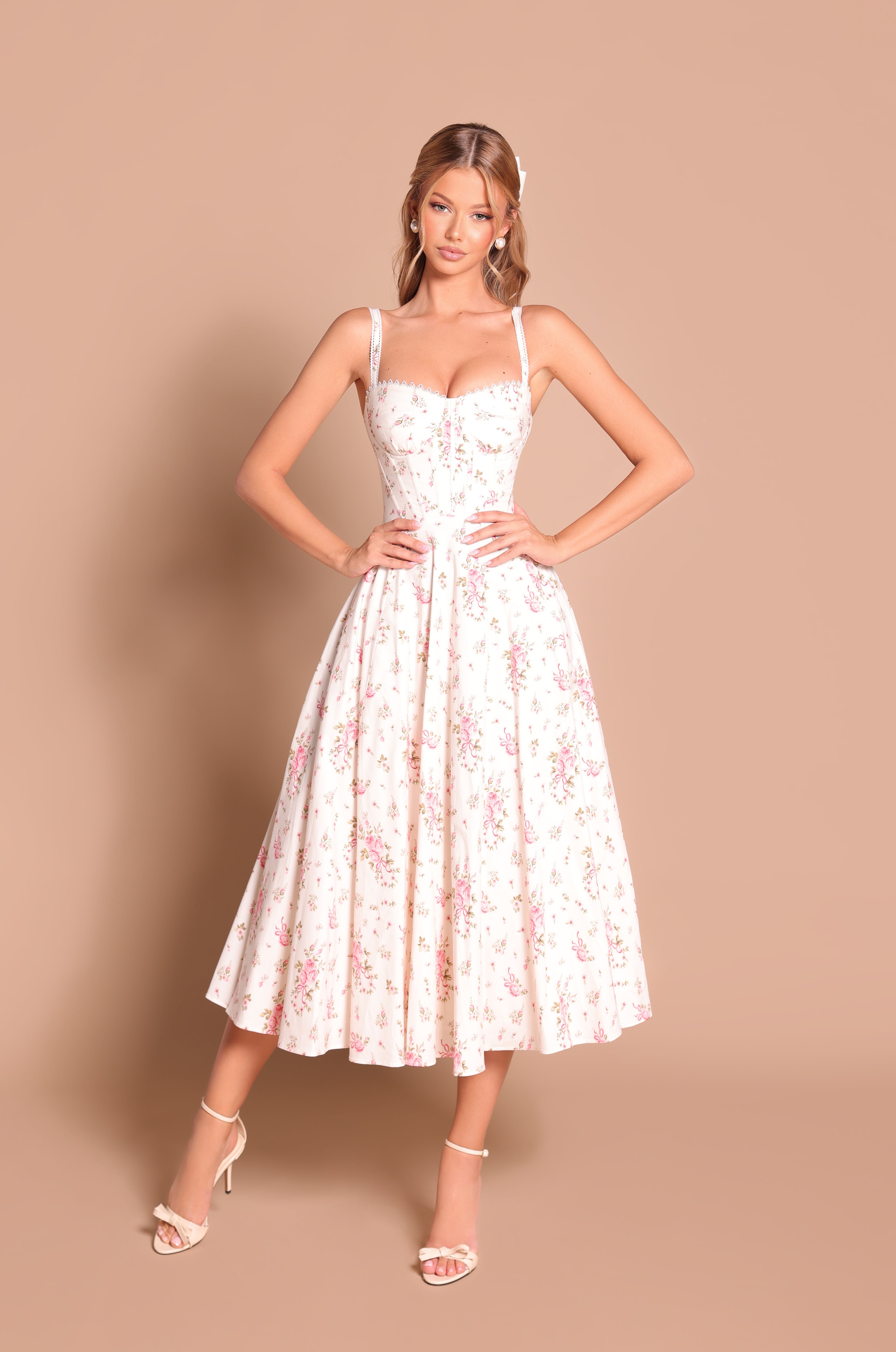 ROSELLA Cream White Floral Corset Midi