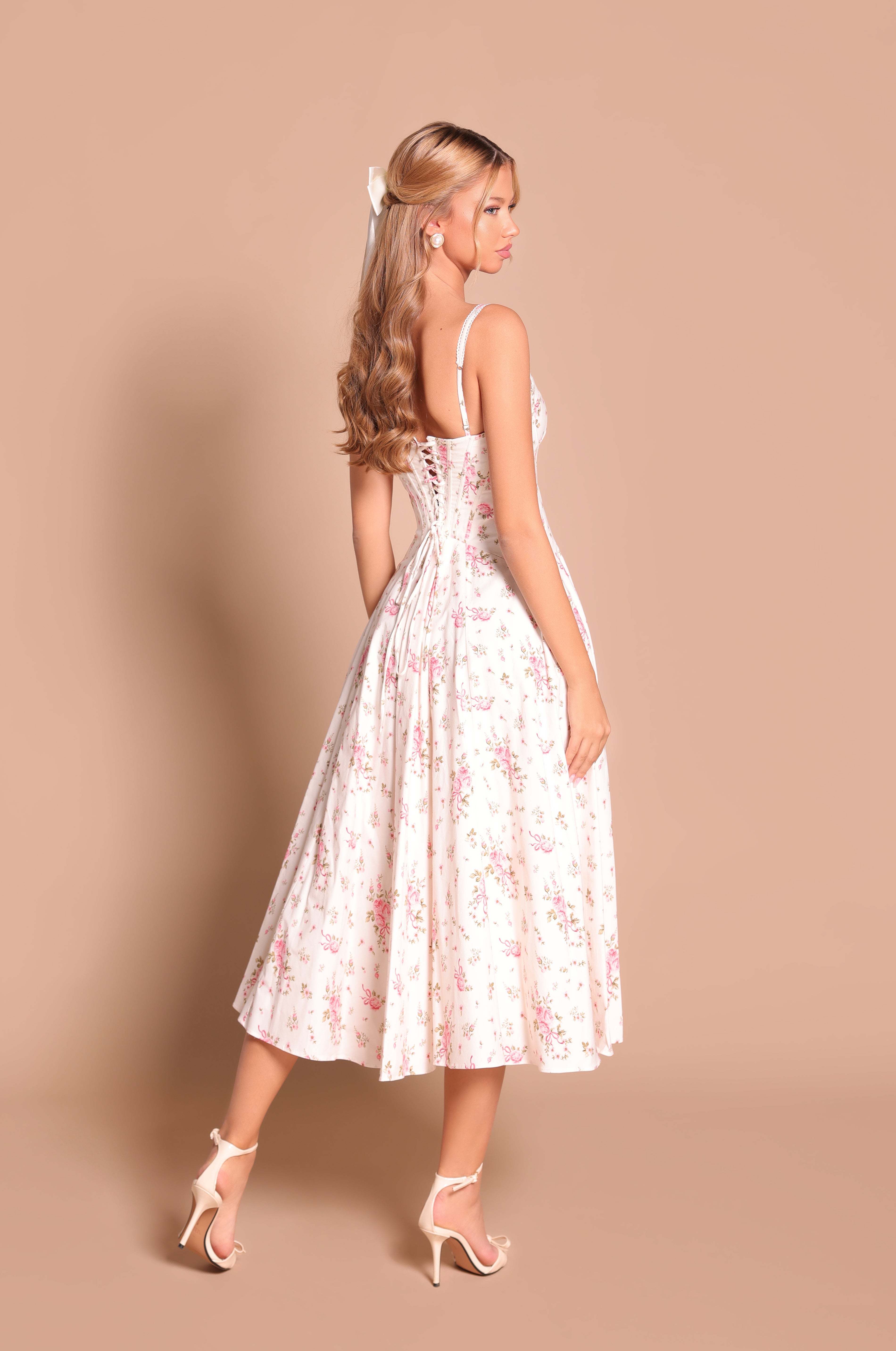 ROSELLA Cream White Floral Corset Midi