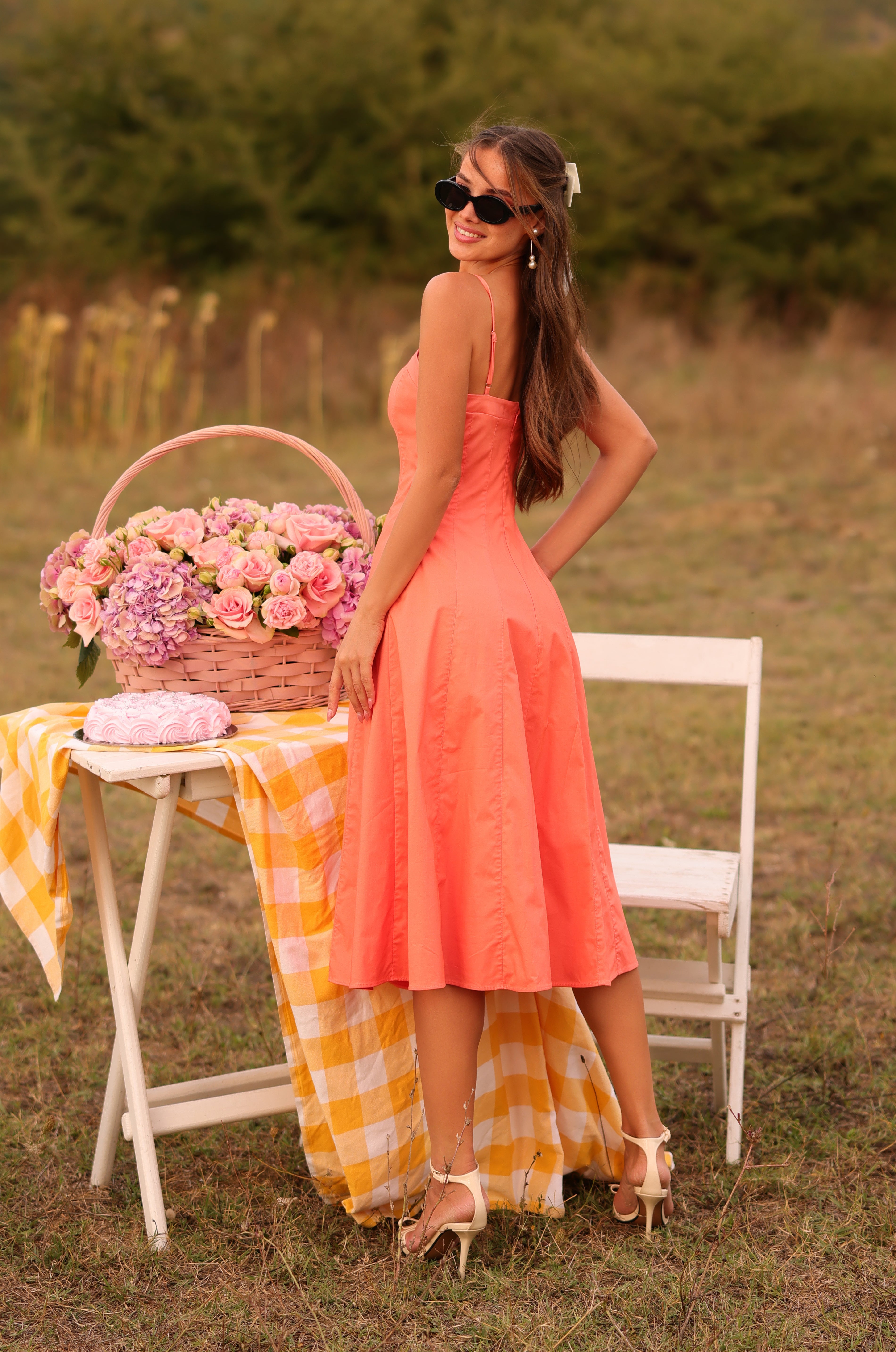AUBERINE Solid Papaya Punch Midi Dress