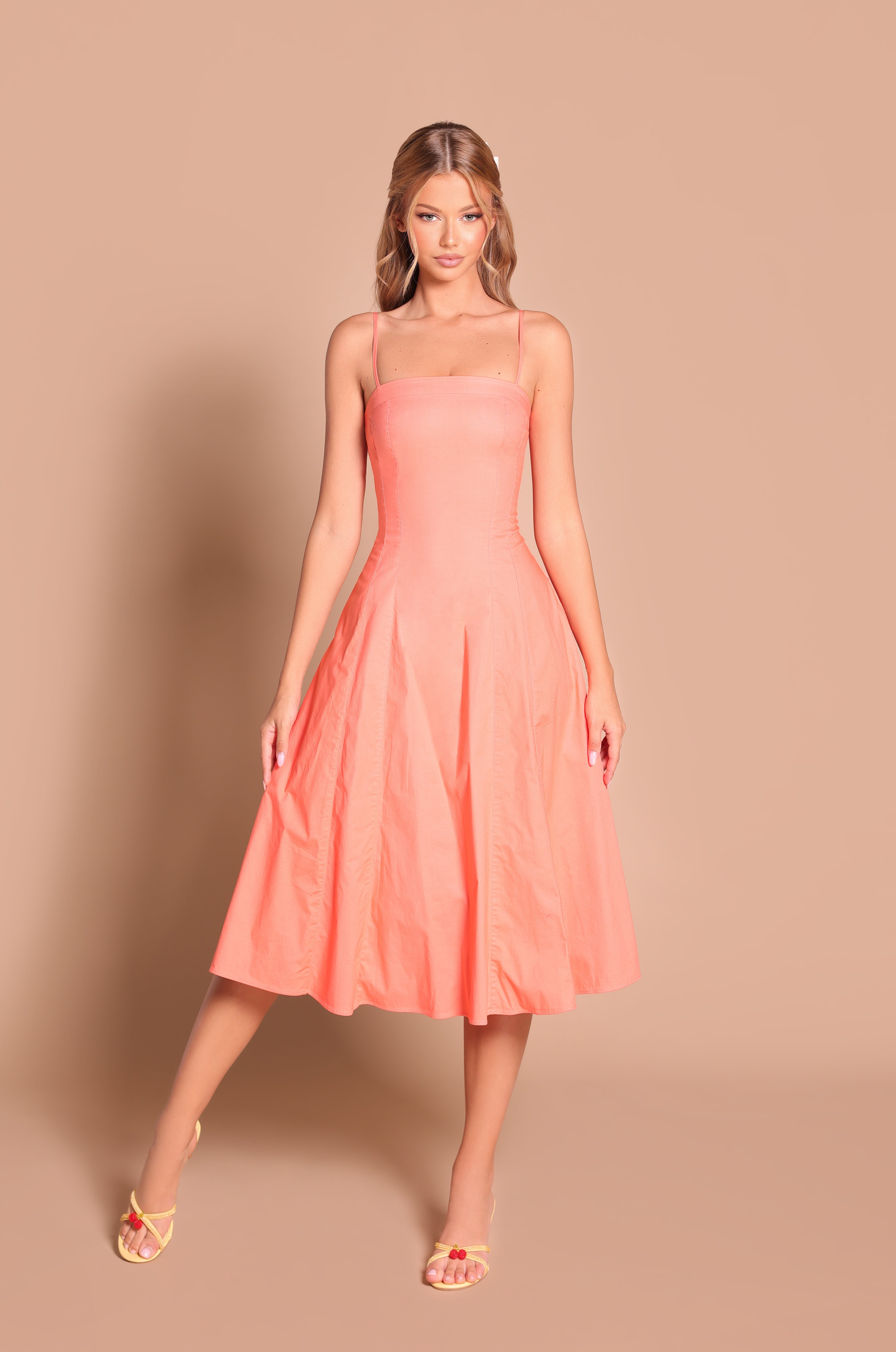 AUBERINE Solid Papaya Punch Midi Dress