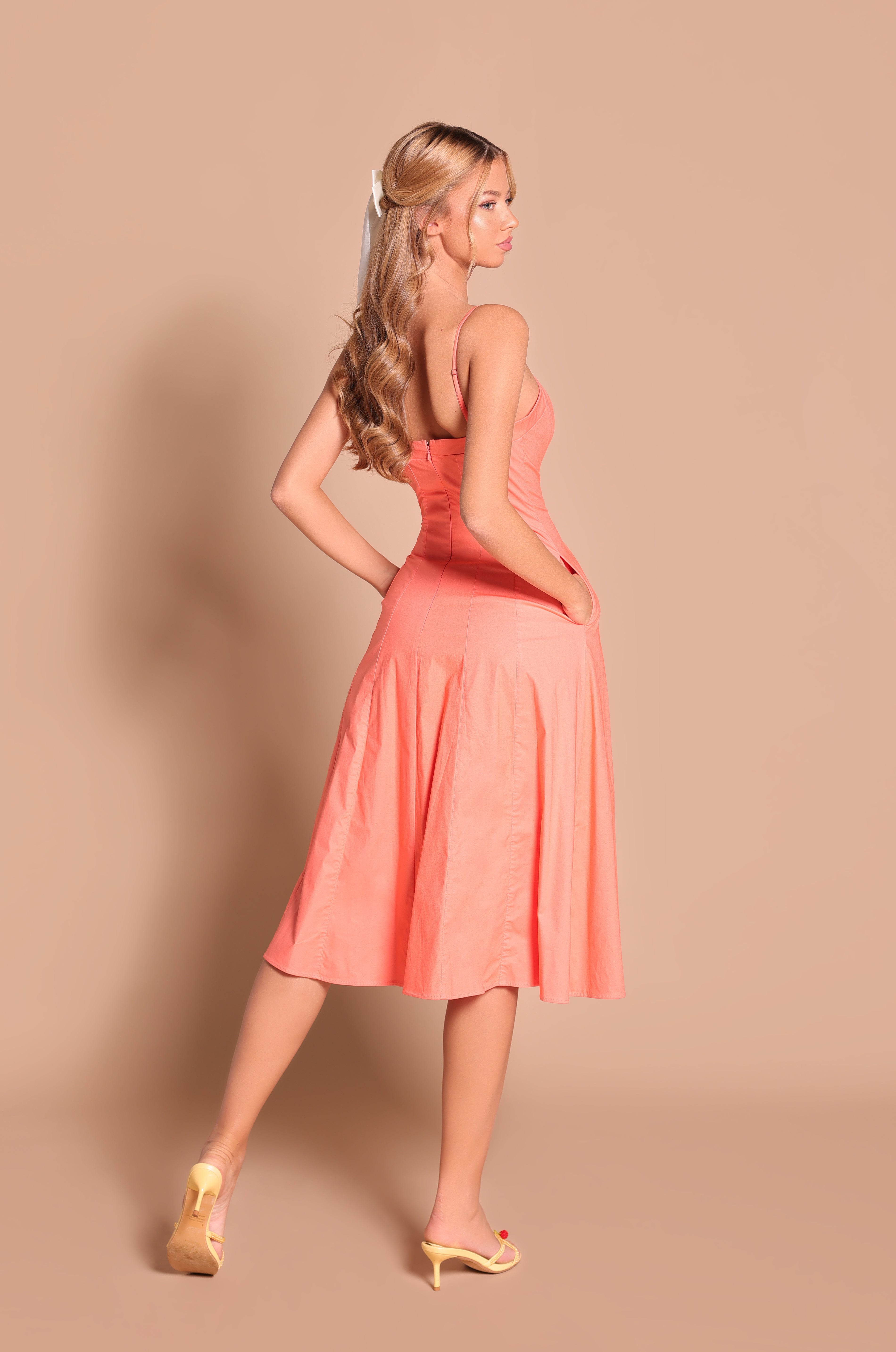 AUBERINE Solid Papaya Punch Midi Dress