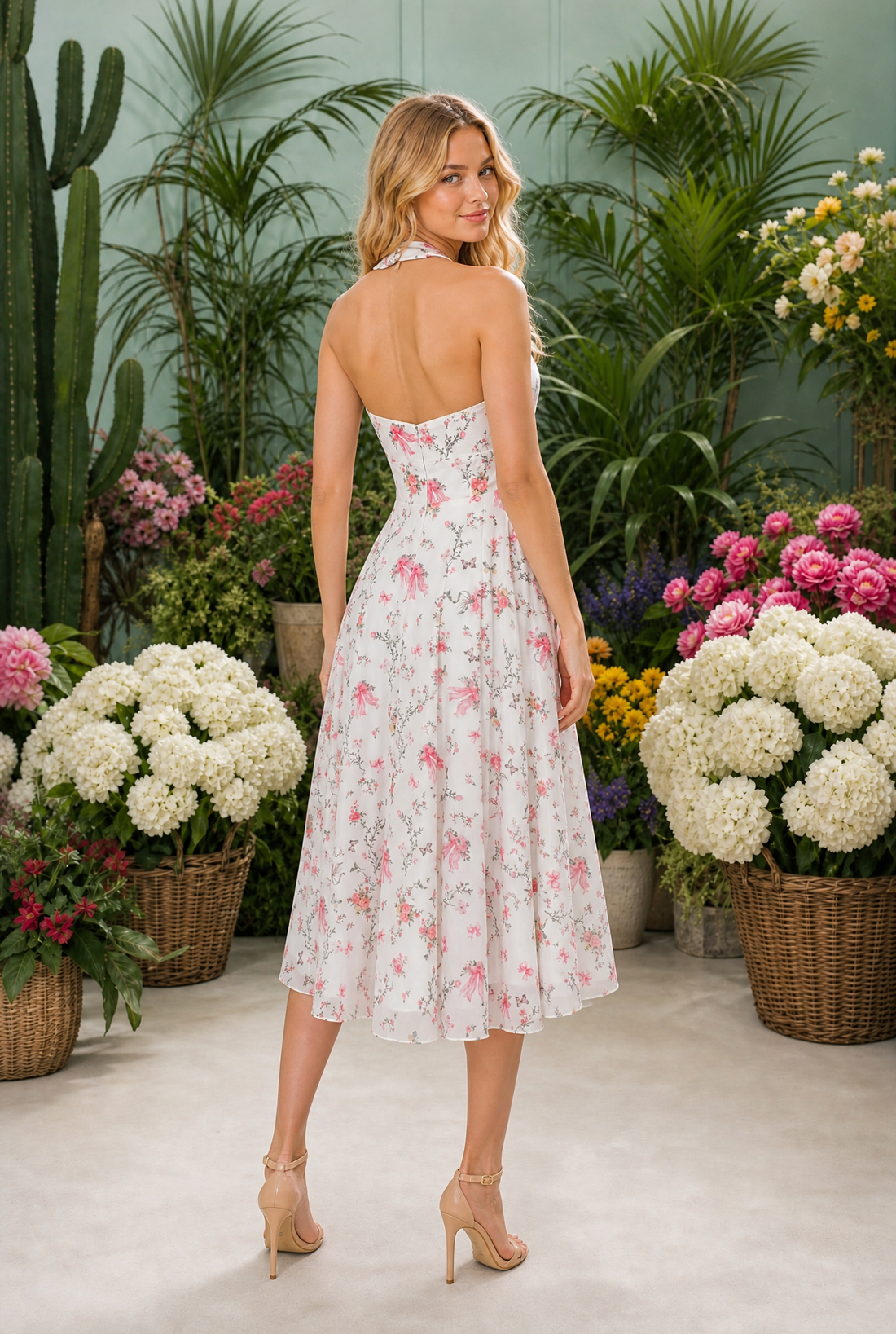 MILLIE White Millie Floral Halter Midi Dress