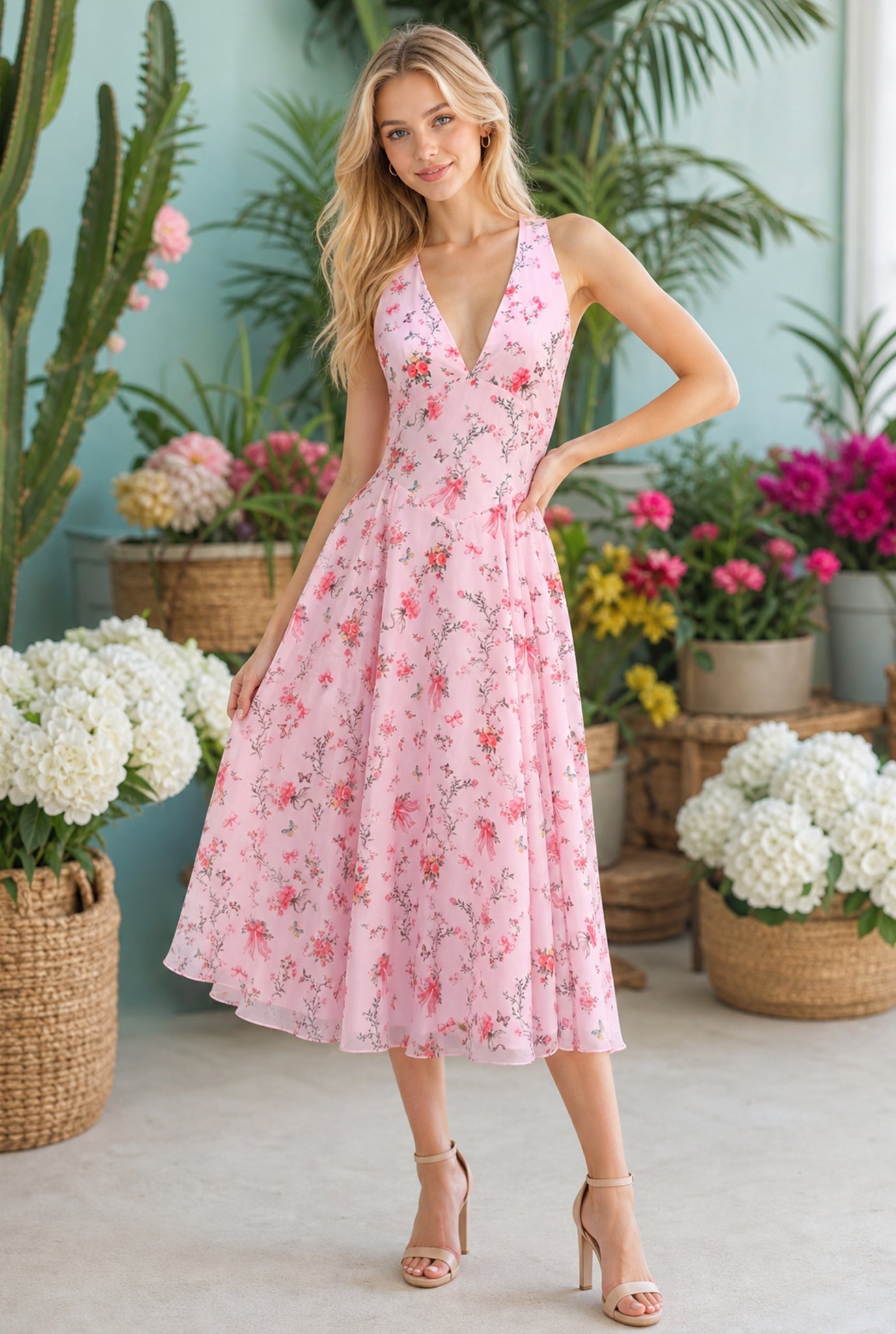 MILLIE Light Pink Millie Floral Halter Midi Dress
