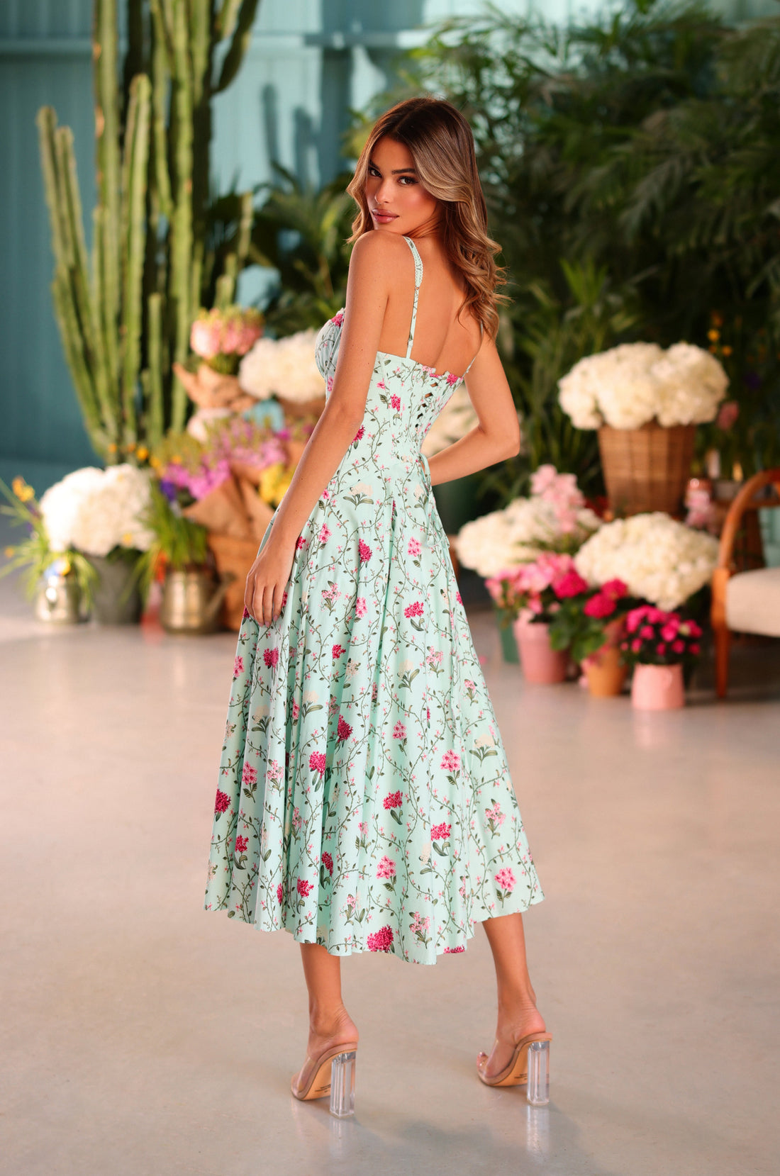 ROSELLA Mint Green Floral Corset Midi