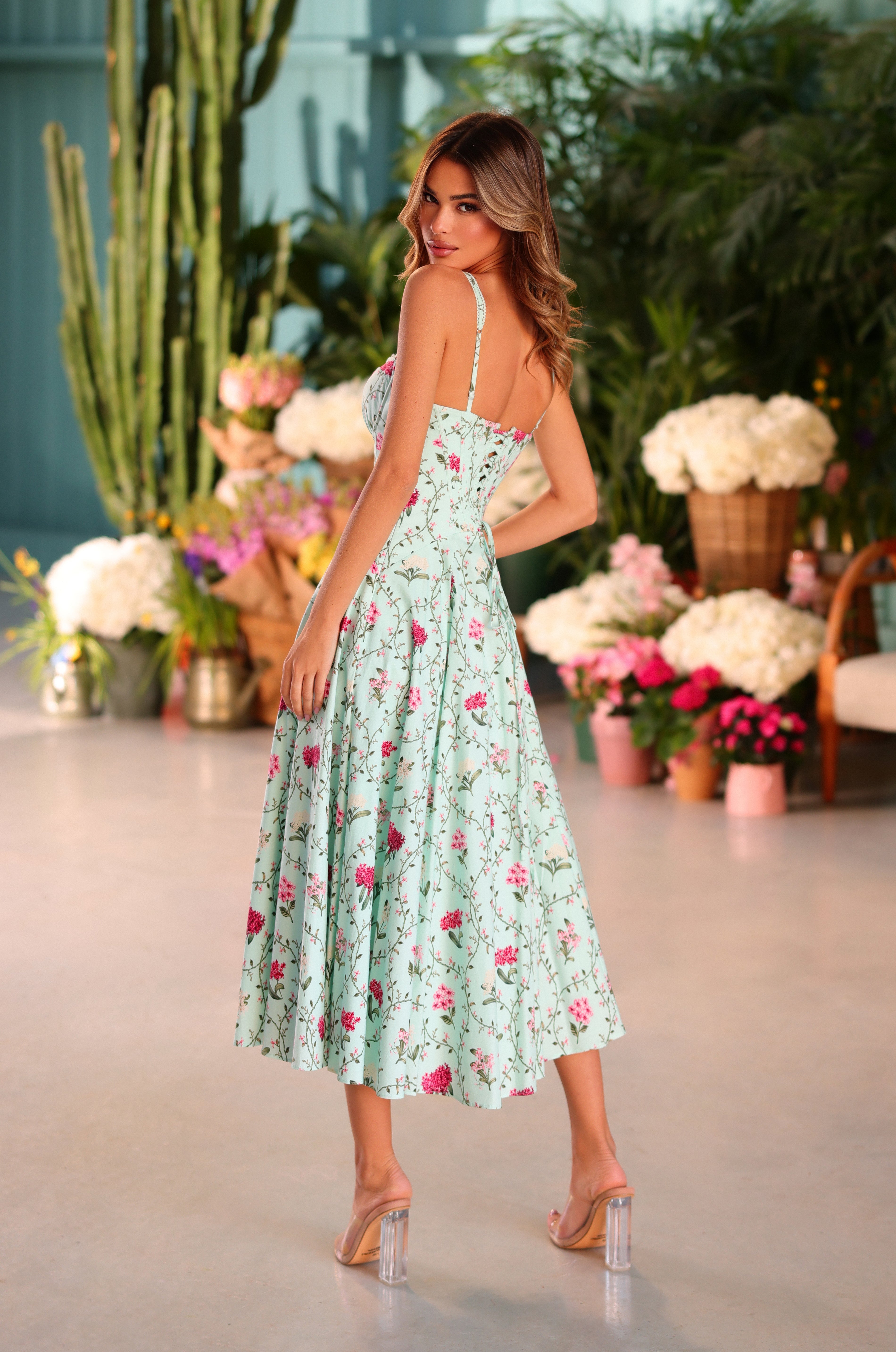 ROSELLA Mint Green Floral Corset Midi
